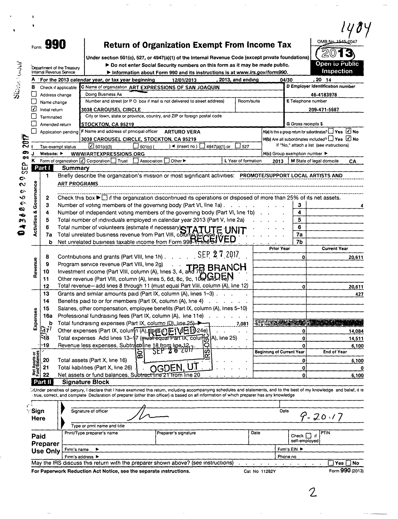 Image of first page of 2013 Form 990 for Art Expression of San Joaquin County