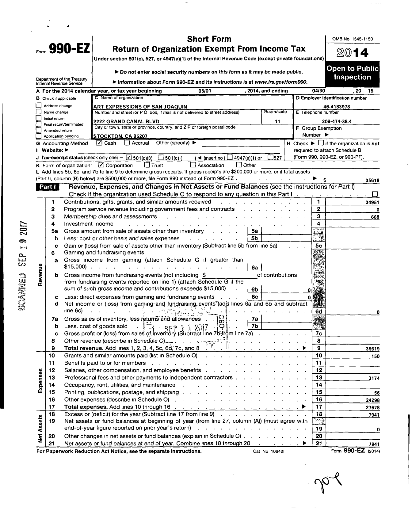 Image of first page of 2014 Form 990EZ for Art Expression of San Joaquin County