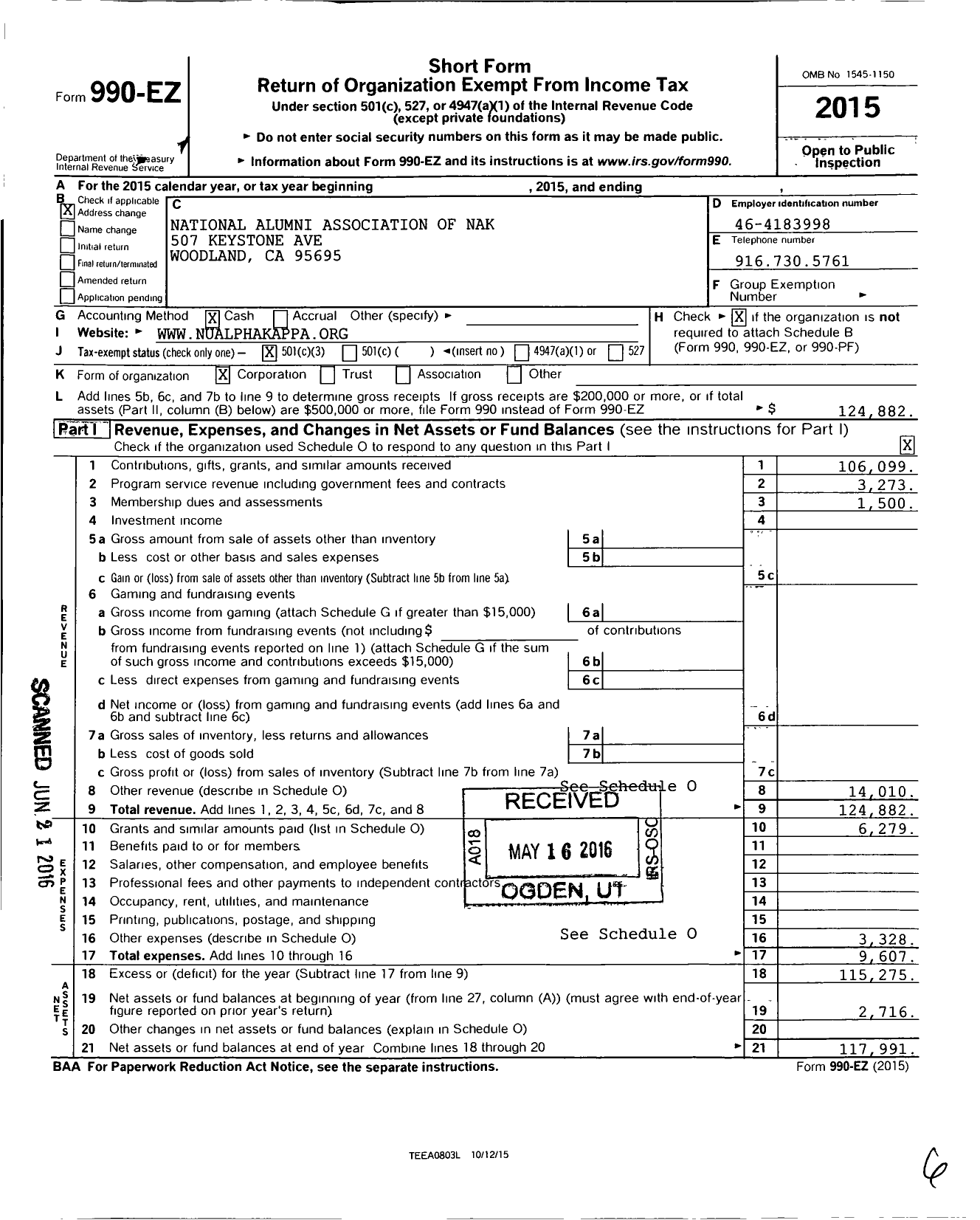 Image of first page of 2015 Form 990EZ for National Association of Nu Alpha Kappa Fraternity