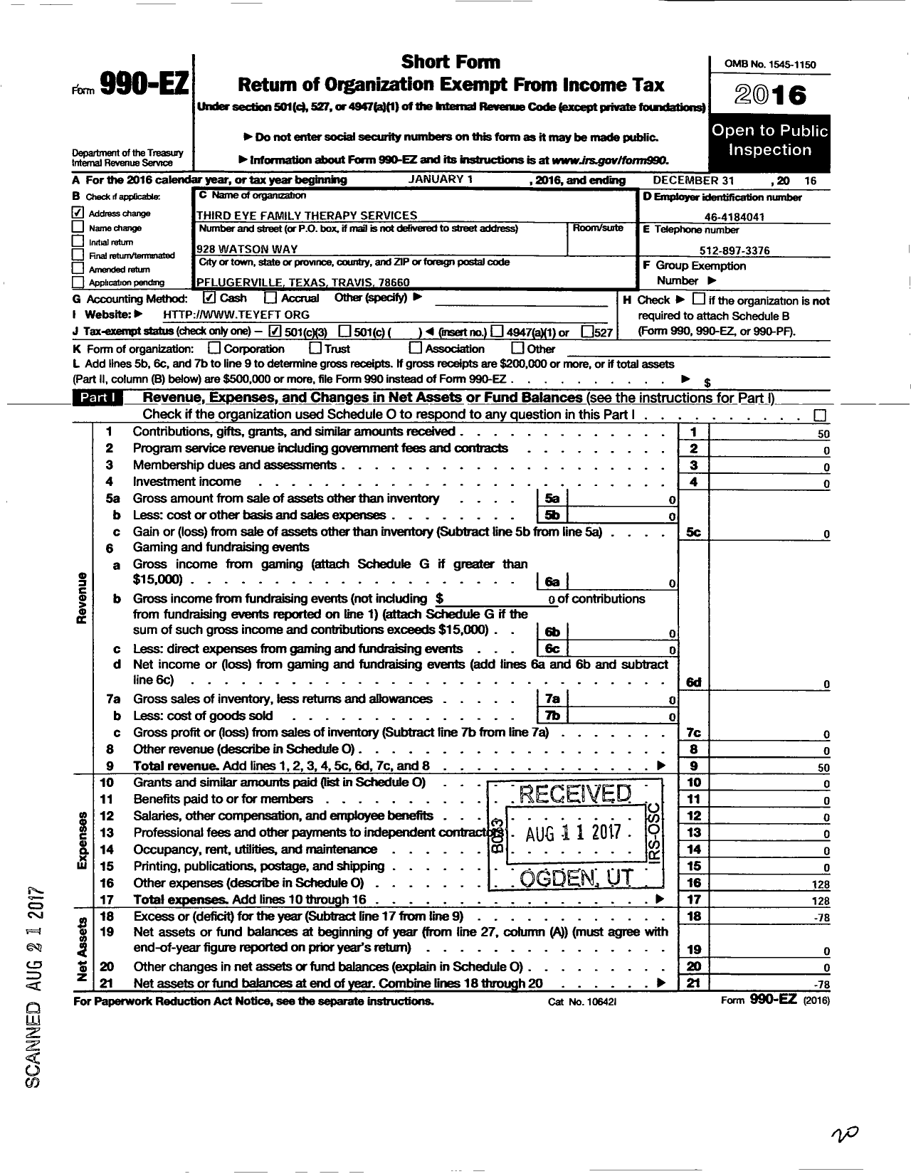 Image of first page of 2016 Form 990EZ for Transcendent Parenting Project