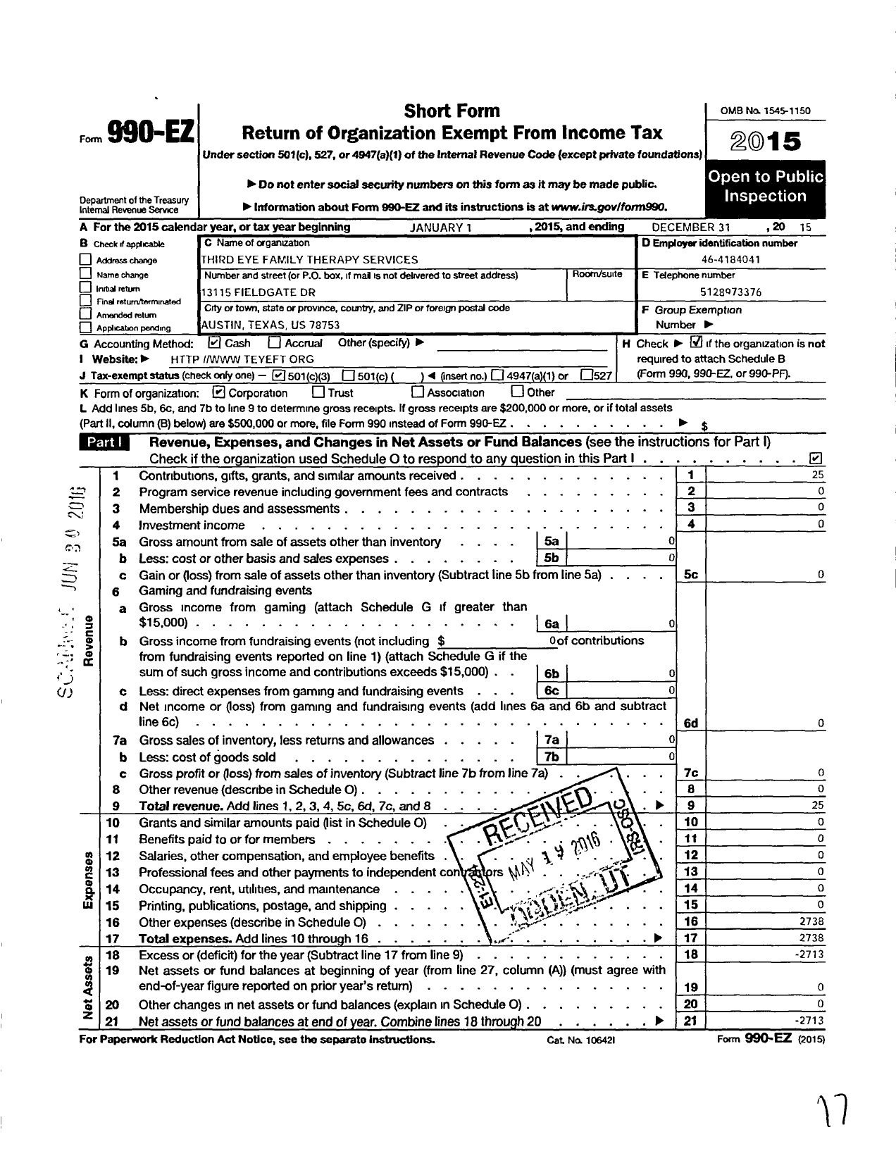 Image of first page of 2015 Form 990EZ for Transcendent Parenting Project