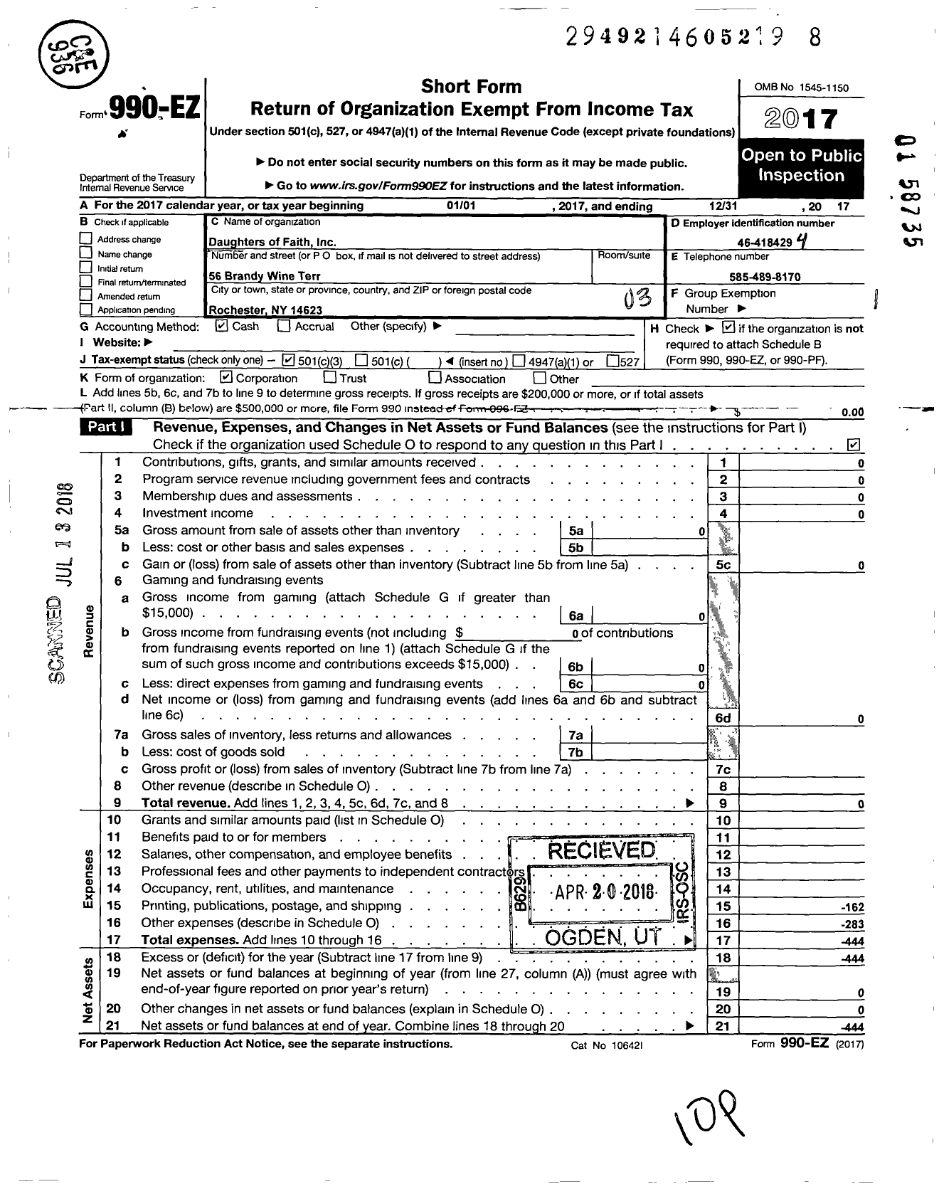 Image of first page of 2017 Form 990EZ for Daughters of Faith