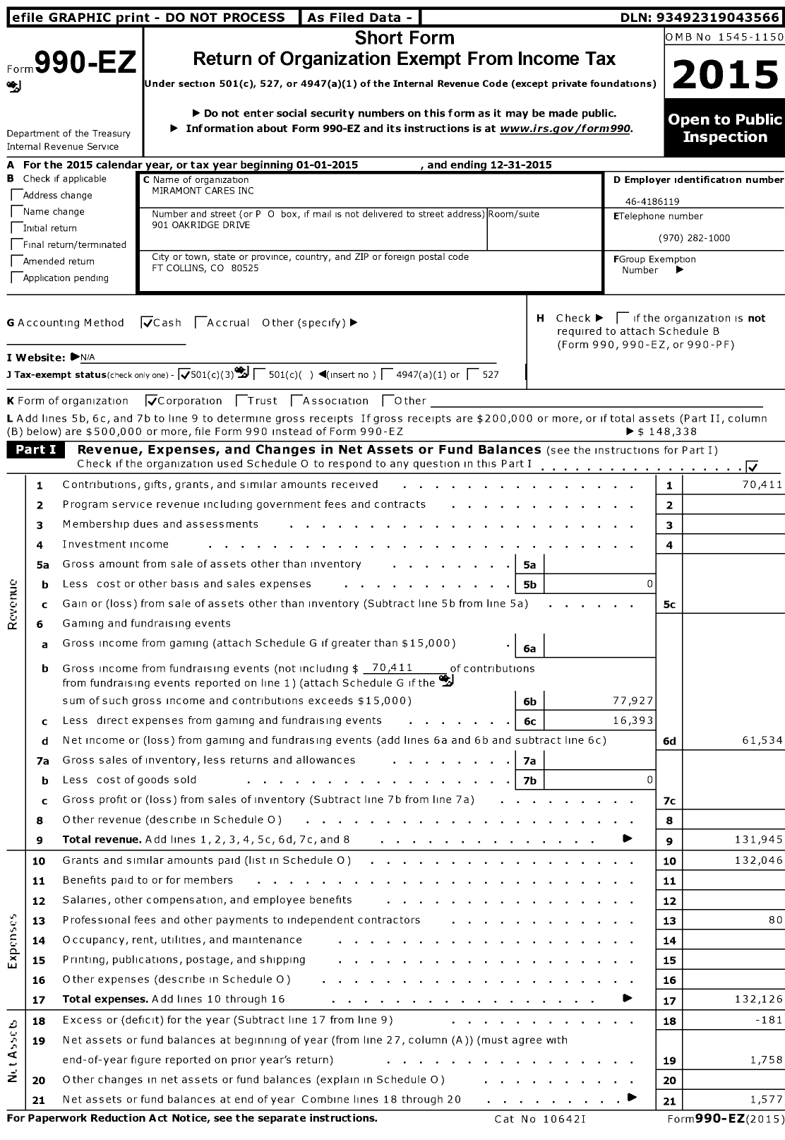 Image of first page of 2015 Form 990EZ for Miramont Cares