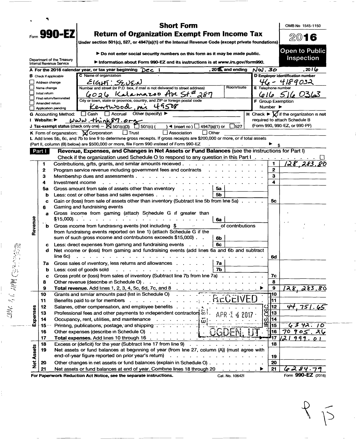 Image of first page of 2015 Form 990EZ for Eight Seven