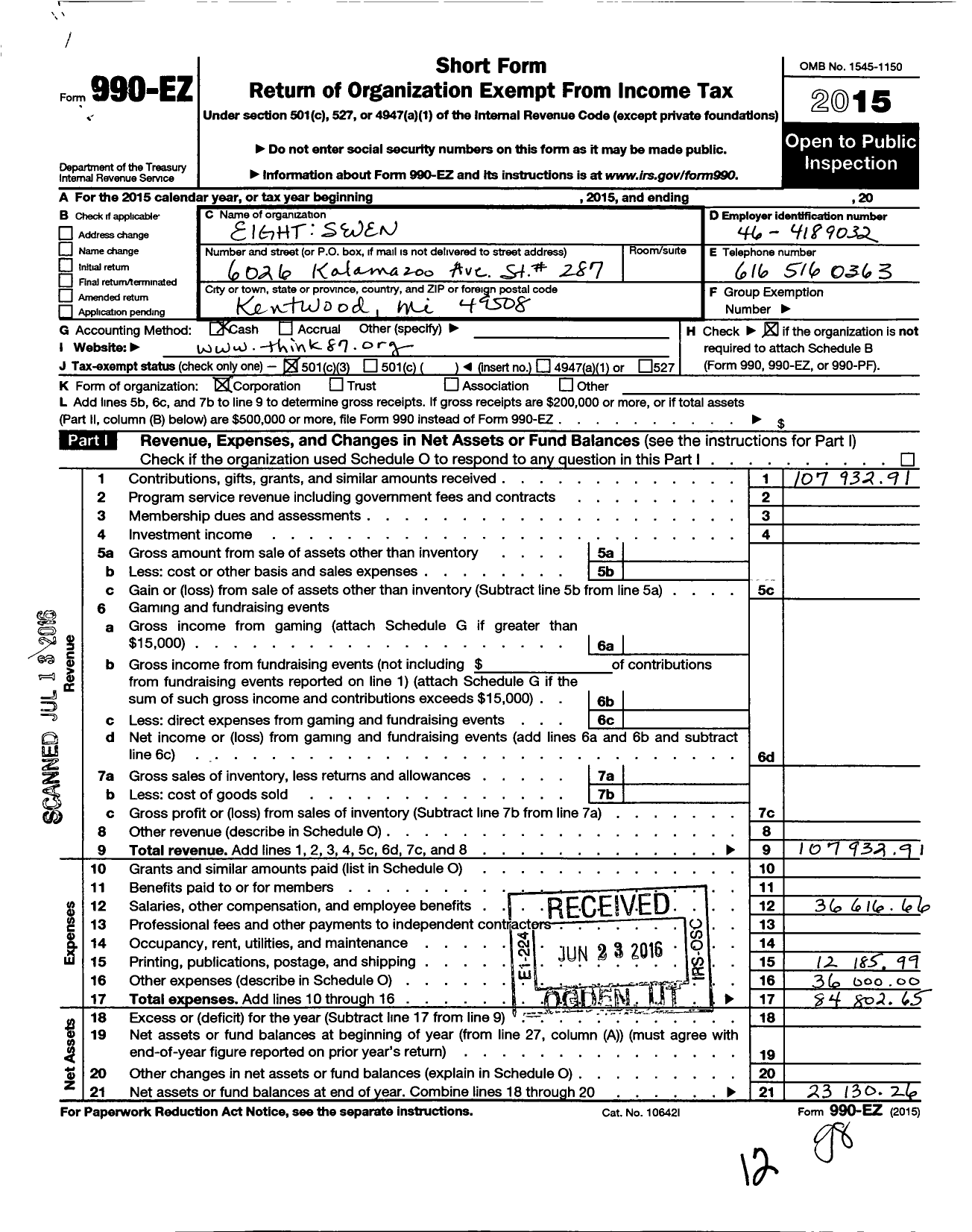 Image of first page of 2015 Form 990EZ for Eight Seven