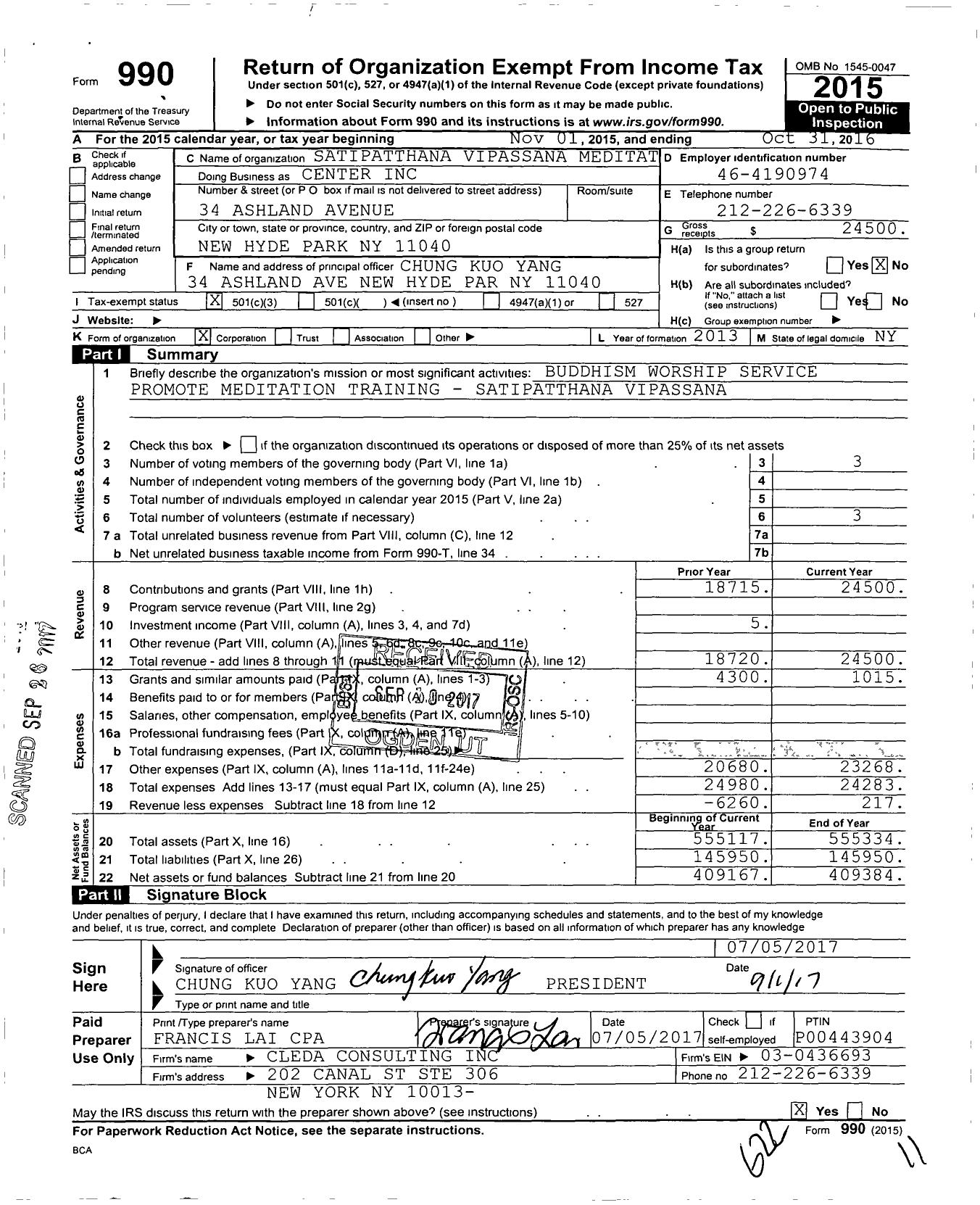 Image of first page of 2015 Form 990 for Satipatthana Vipassana Meditation Center