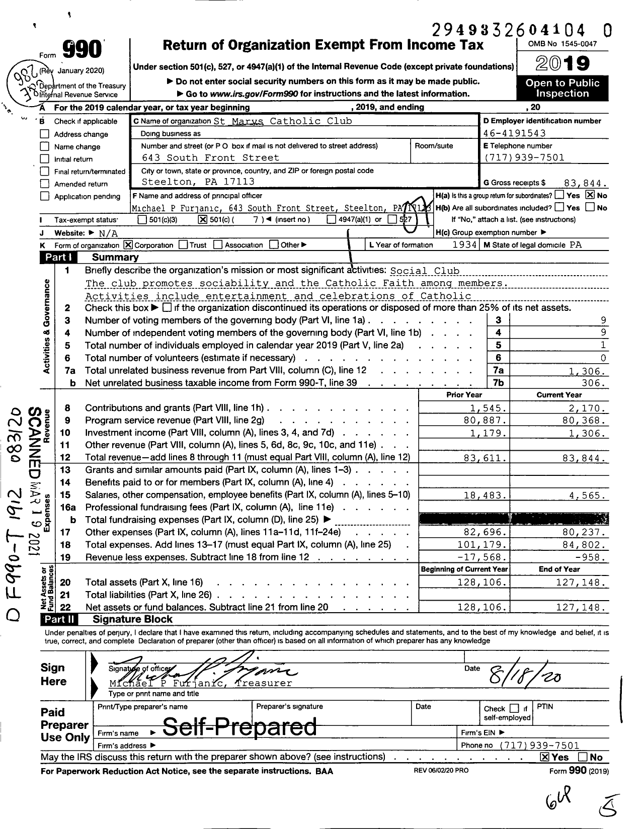 Image of first page of 2019 Form 990O for St Marys Catholic Club