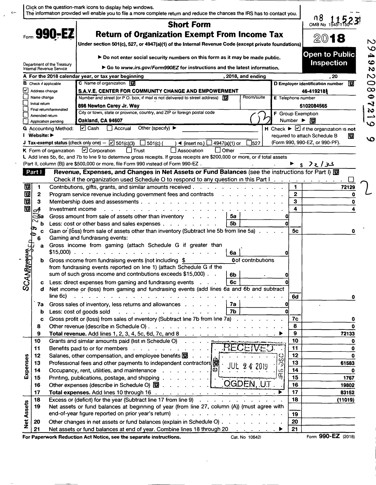 Image of first page of 2018 Form 990EZ for Save Center for Community Change and Empowerment