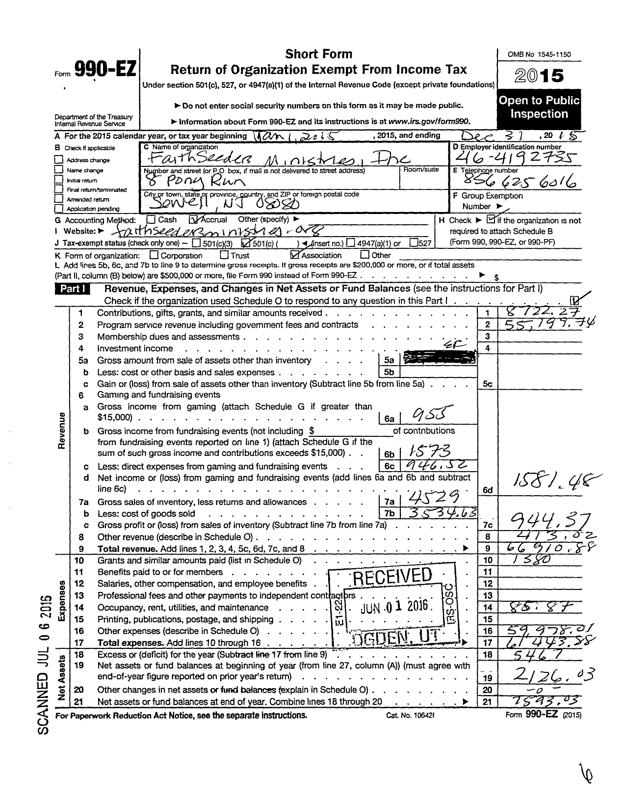 Image of first page of 2015 Form 990EO for Faithseeders Ministries