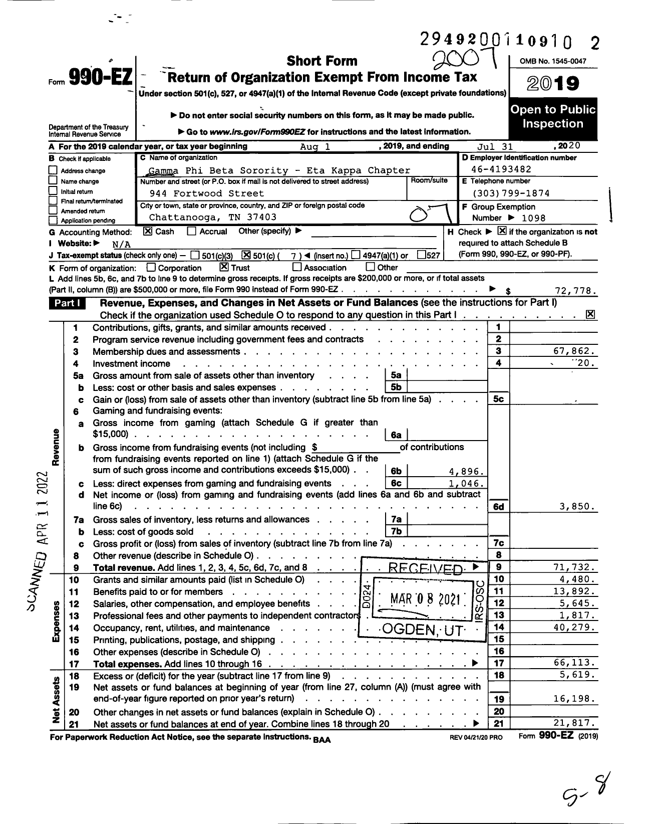 Image of first page of 2019 Form 990EO for Gamma Phi Beta Sorority Eta Kappa Chapter