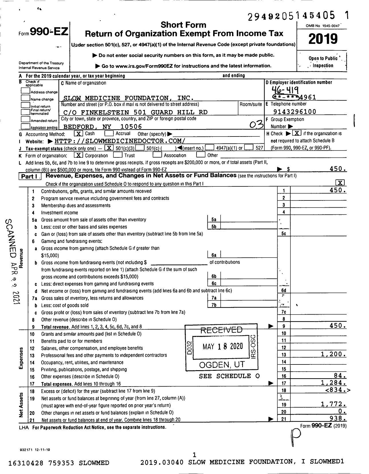 Image of first page of 2019 Form 990EZ for Slow Medicine Foundation