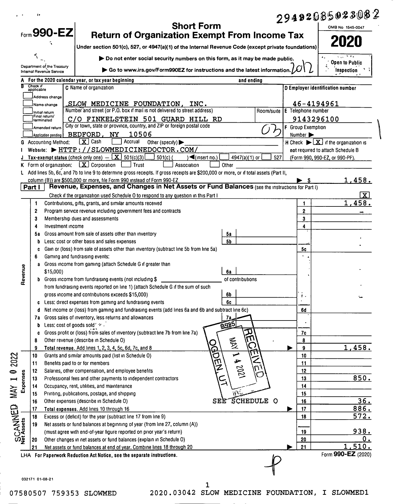 Image of first page of 2020 Form 990EZ for Slow Medicine Foundation