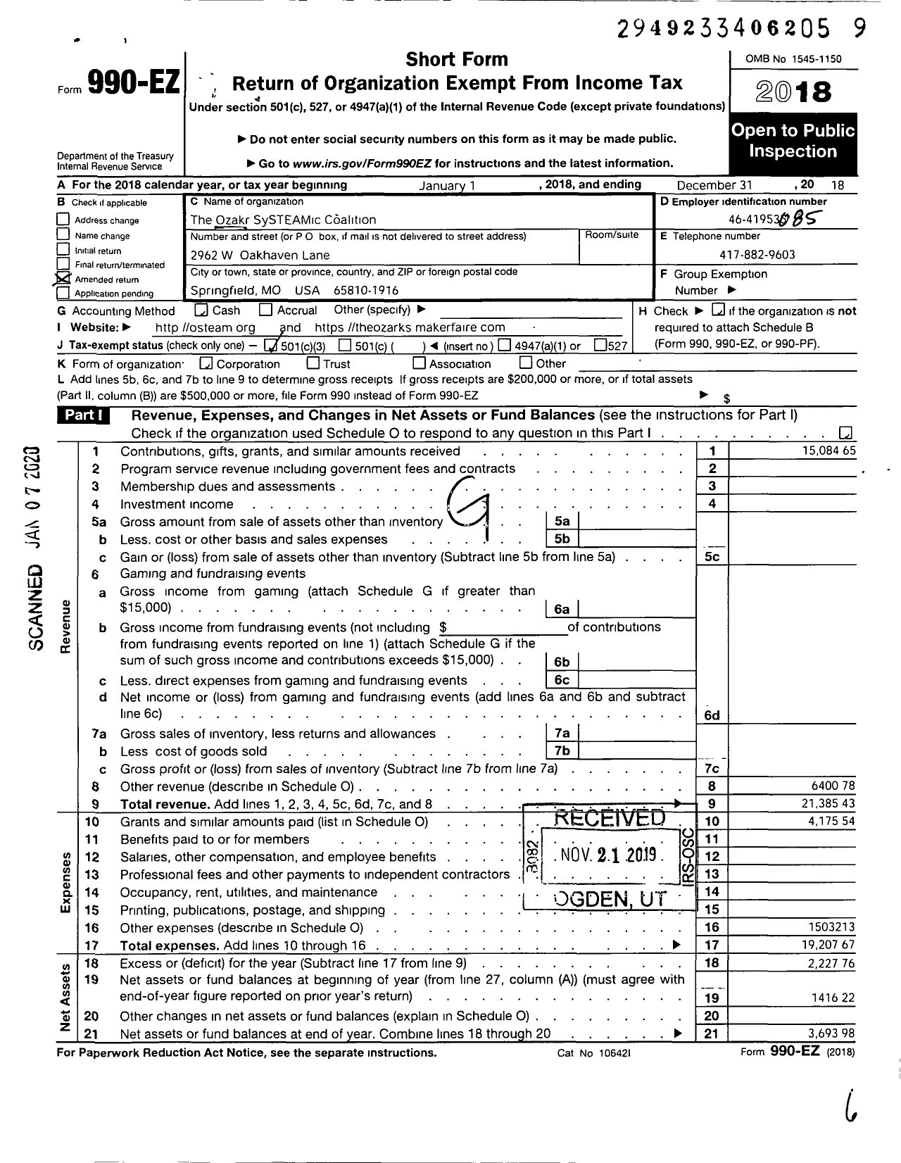 Image of first page of 2018 Form 990EZ for Ozarks SySTEAMic COALITION