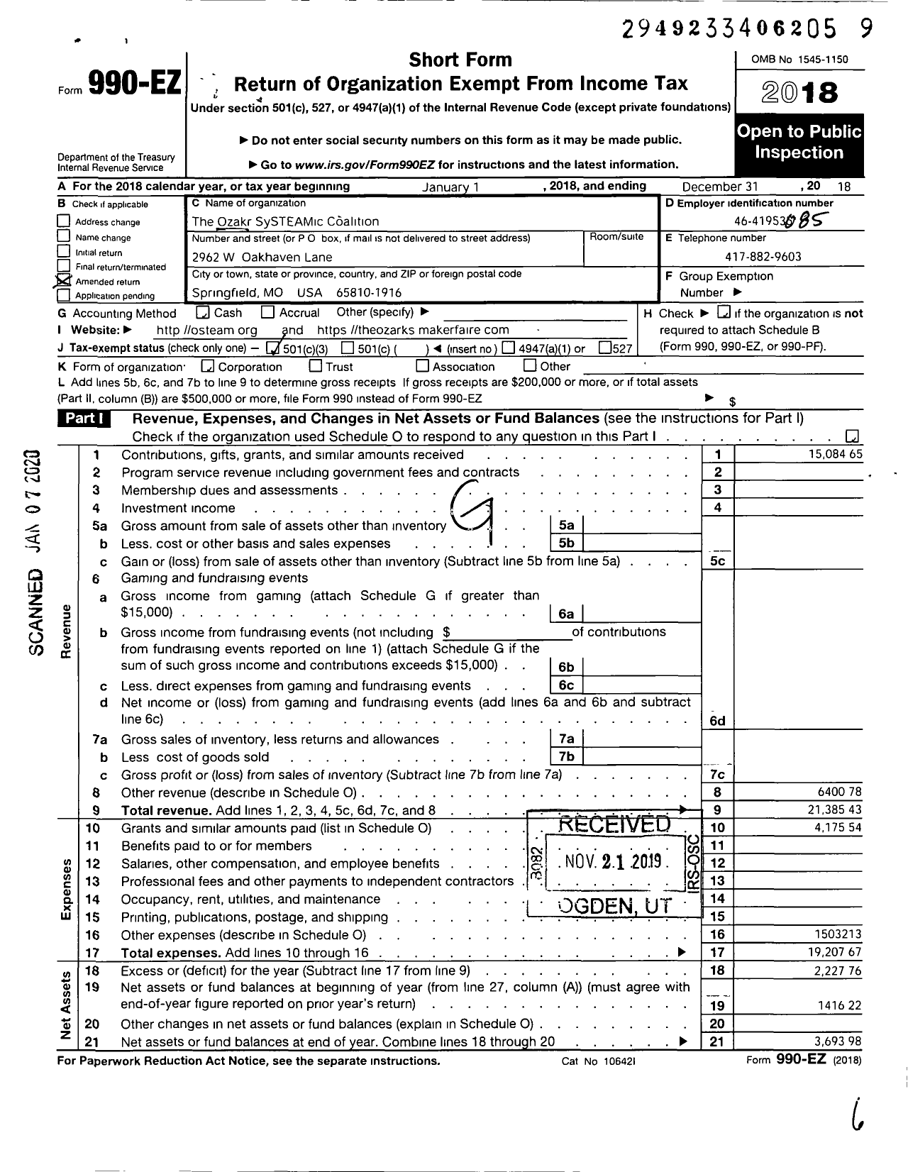 Image of first page of 2018 Form 990EZ for Ozarks SYSTEAMIC COALITION