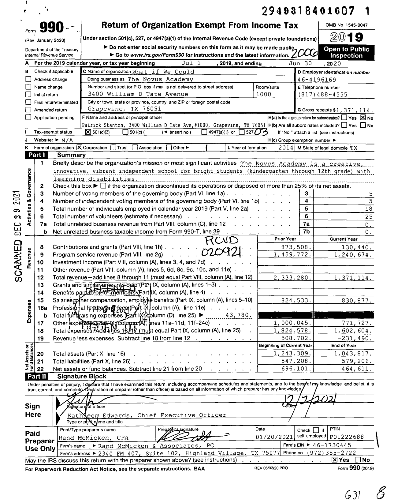 Image of first page of 2019 Form 990 for The Novus Academy