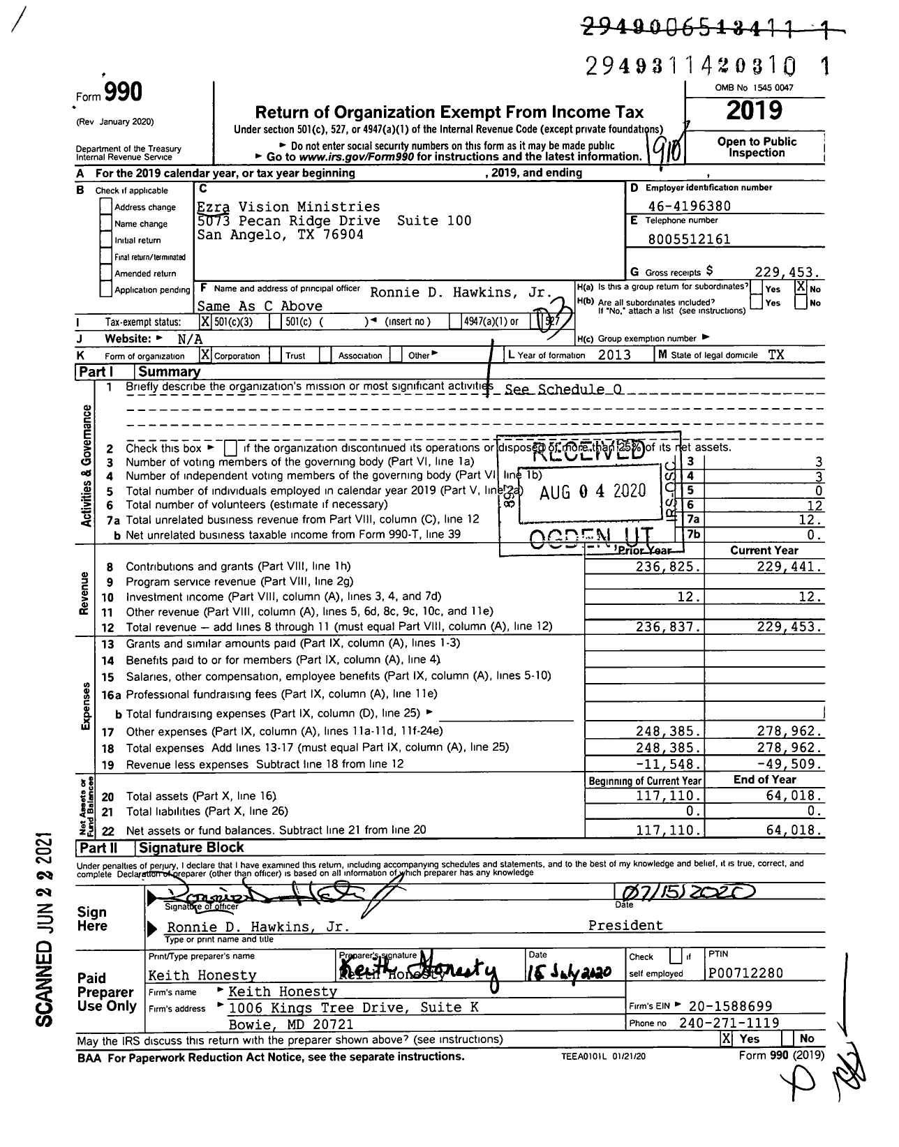 Image of first page of 2019 Form 990 for Ezra Vision Ministries