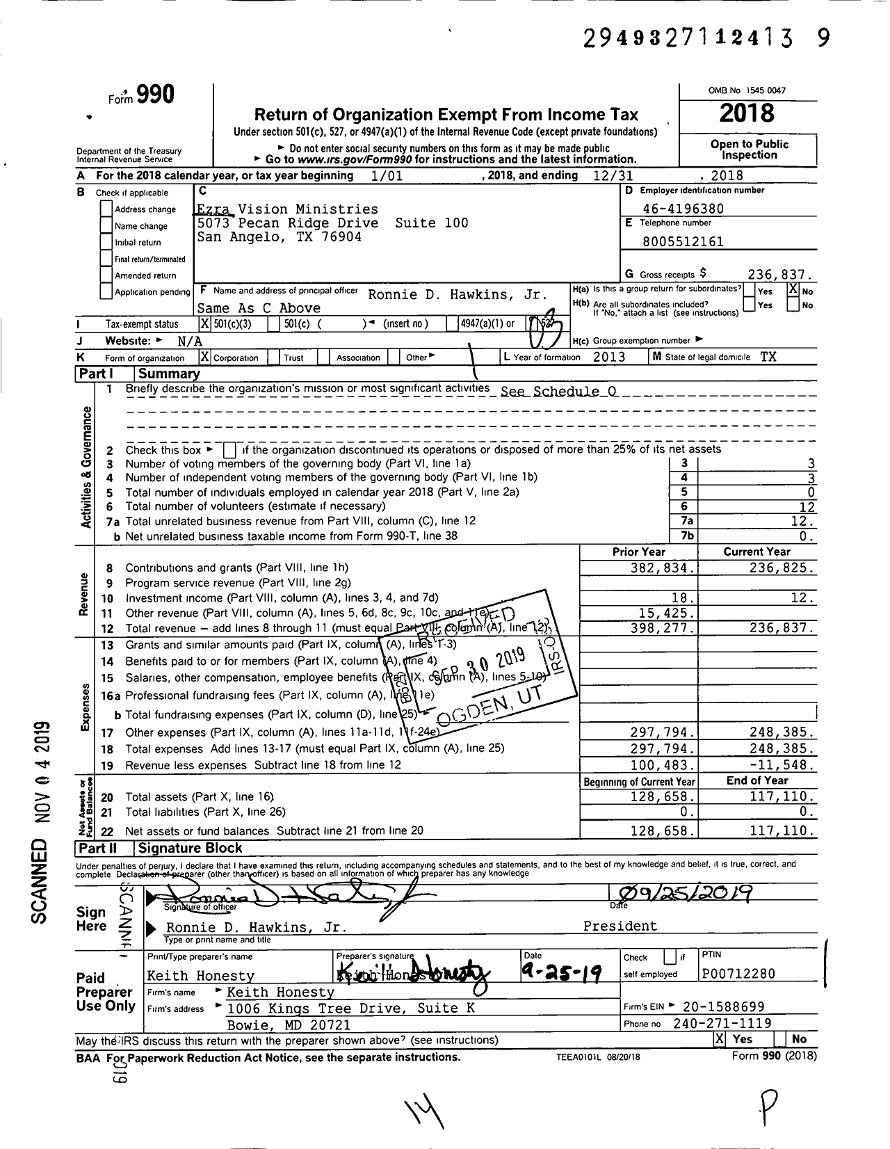 Image of first page of 2018 Form 990 for Ezra Vision Ministries