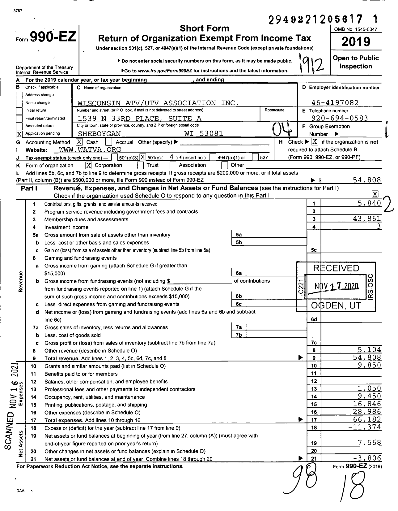 Image of first page of 2019 Form 990EO for Wisconsin Atvutv Association