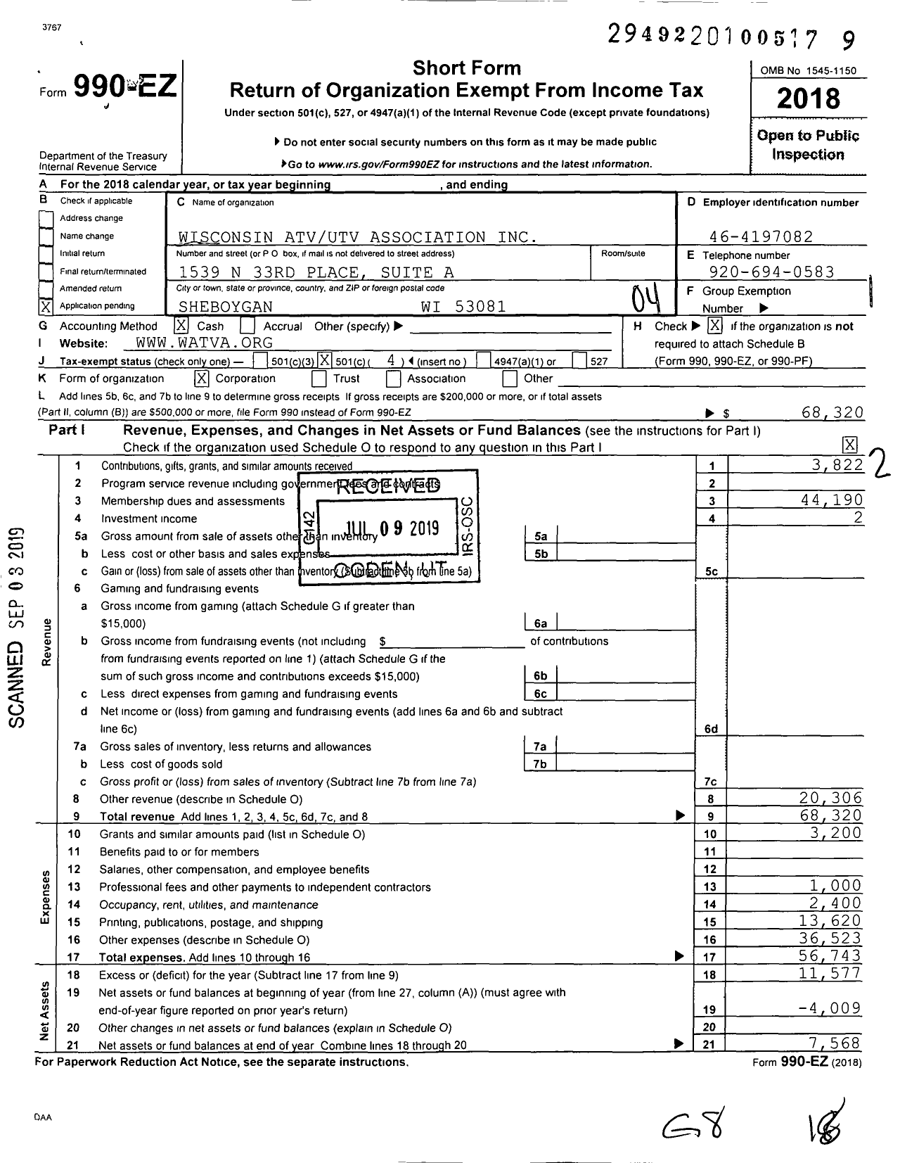 Image of first page of 2018 Form 990EO for Wisconsin Atvutv Association