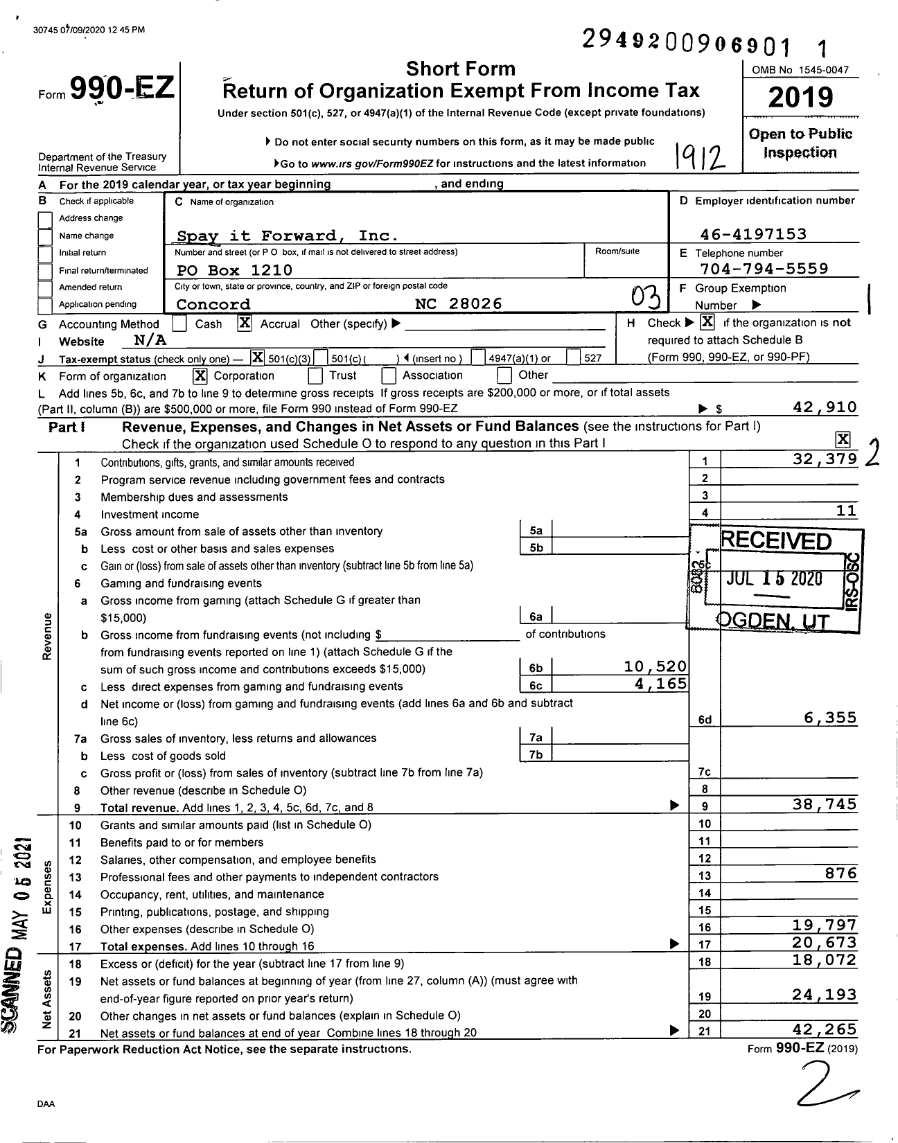 Image of first page of 2019 Form 990EZ for Spay It Forward