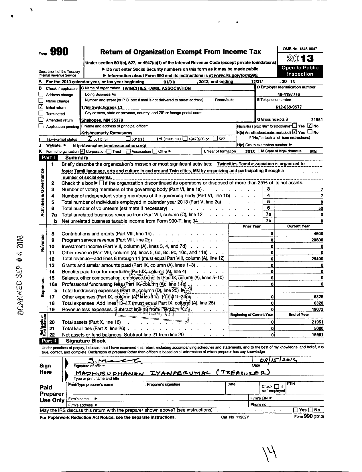 Image of first page of 2013 Form 990 for Twincities Tamil Association