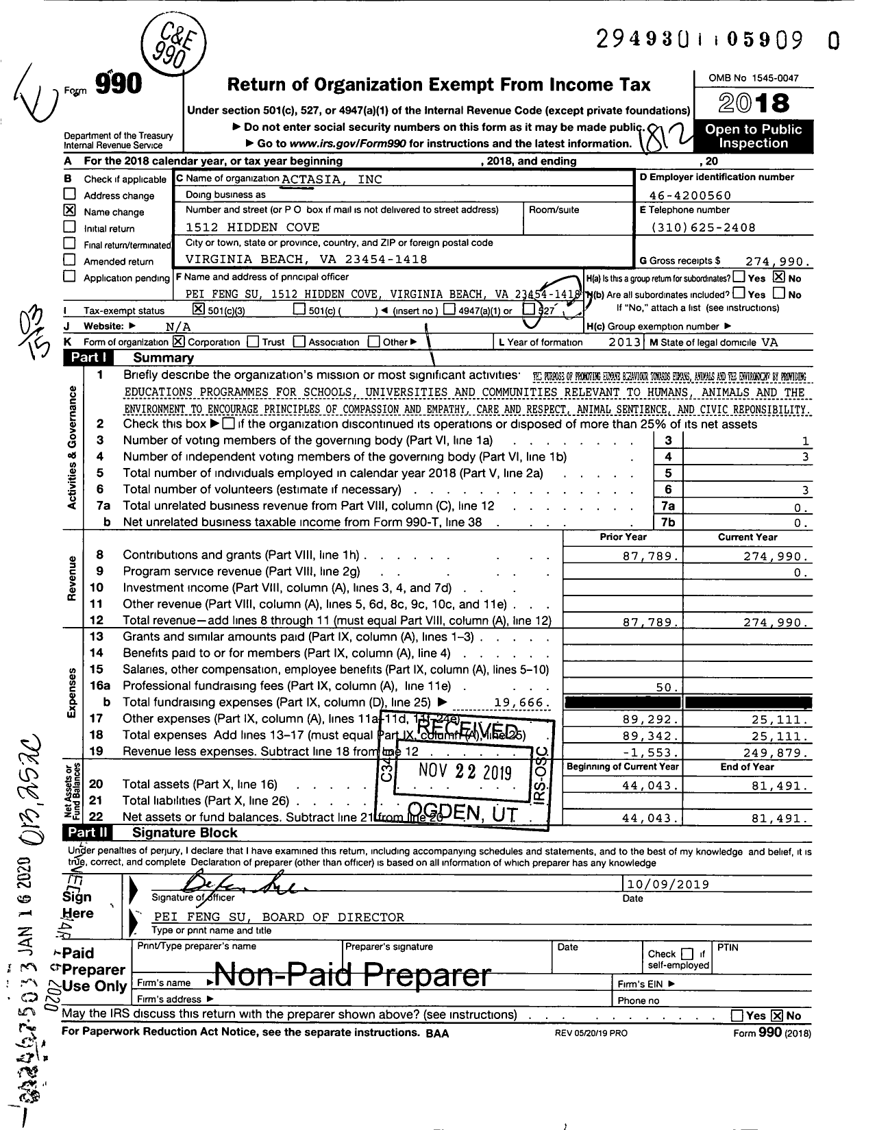 Image of first page of 2018 Form 990 for ACTAsia