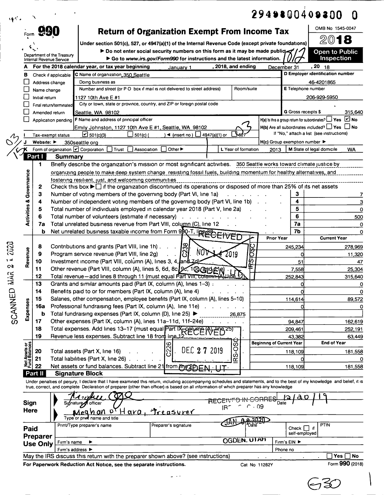 Image of first page of 2018 Form 990 for 350 Seattle