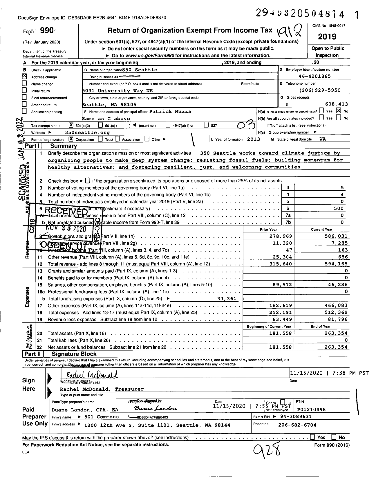 Image of first page of 2019 Form 990 for 350 Seattle