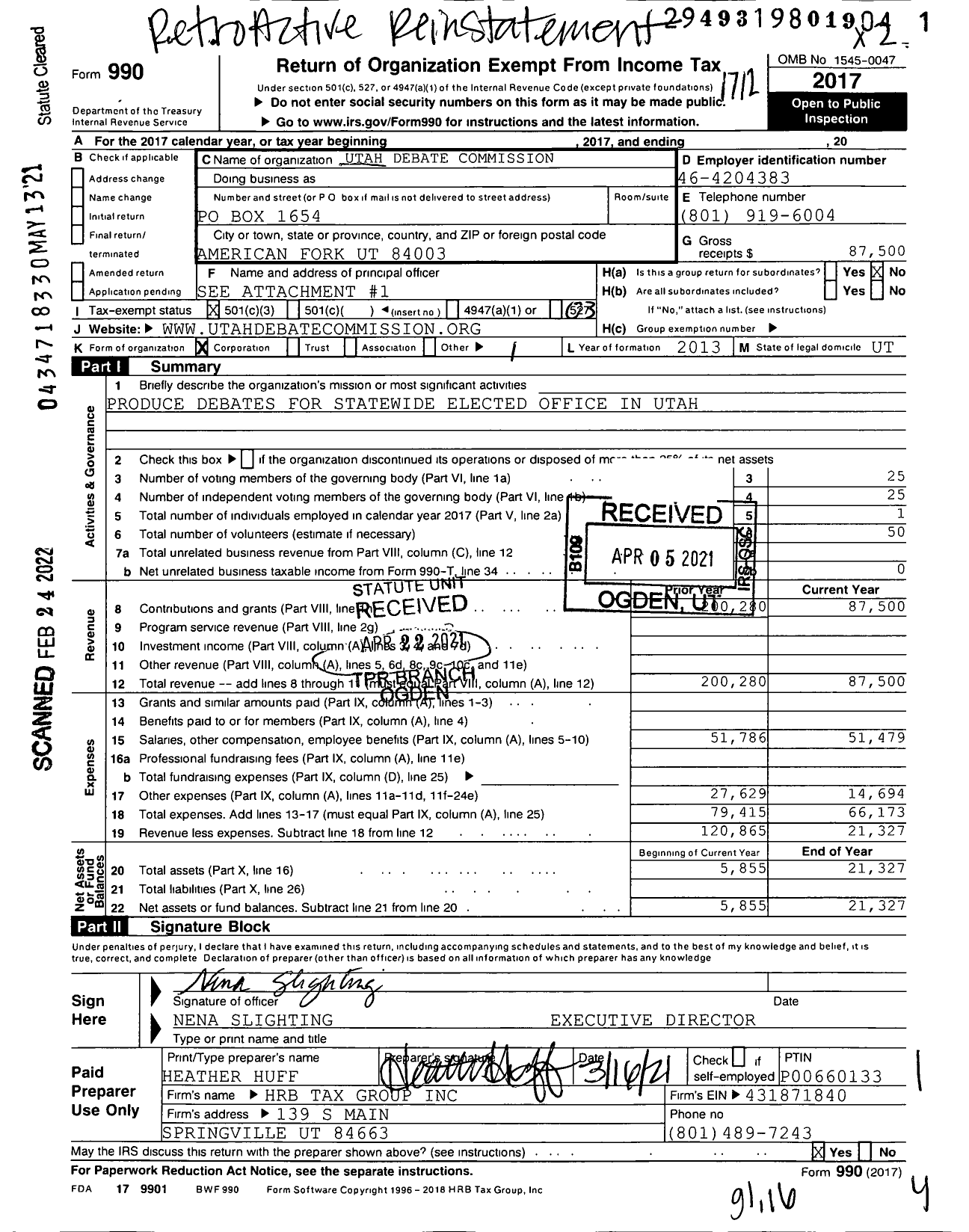 Image of first page of 2017 Form 990 for Utah Debate Commission