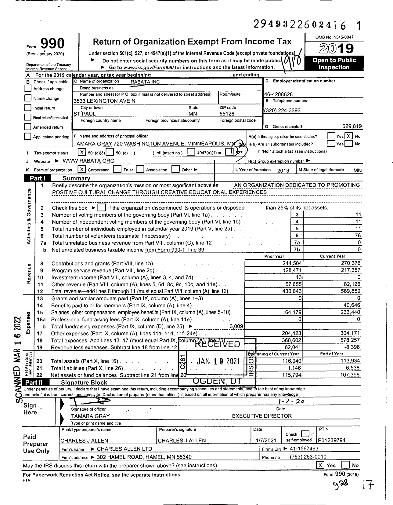 Image of first page of 2019 Form 990 for Rabata