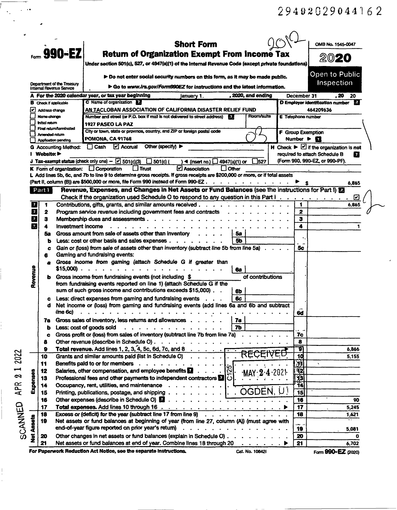 Image of first page of 2020 Form 990EZ for An Tacloban Association of California Disaster Relief Fund