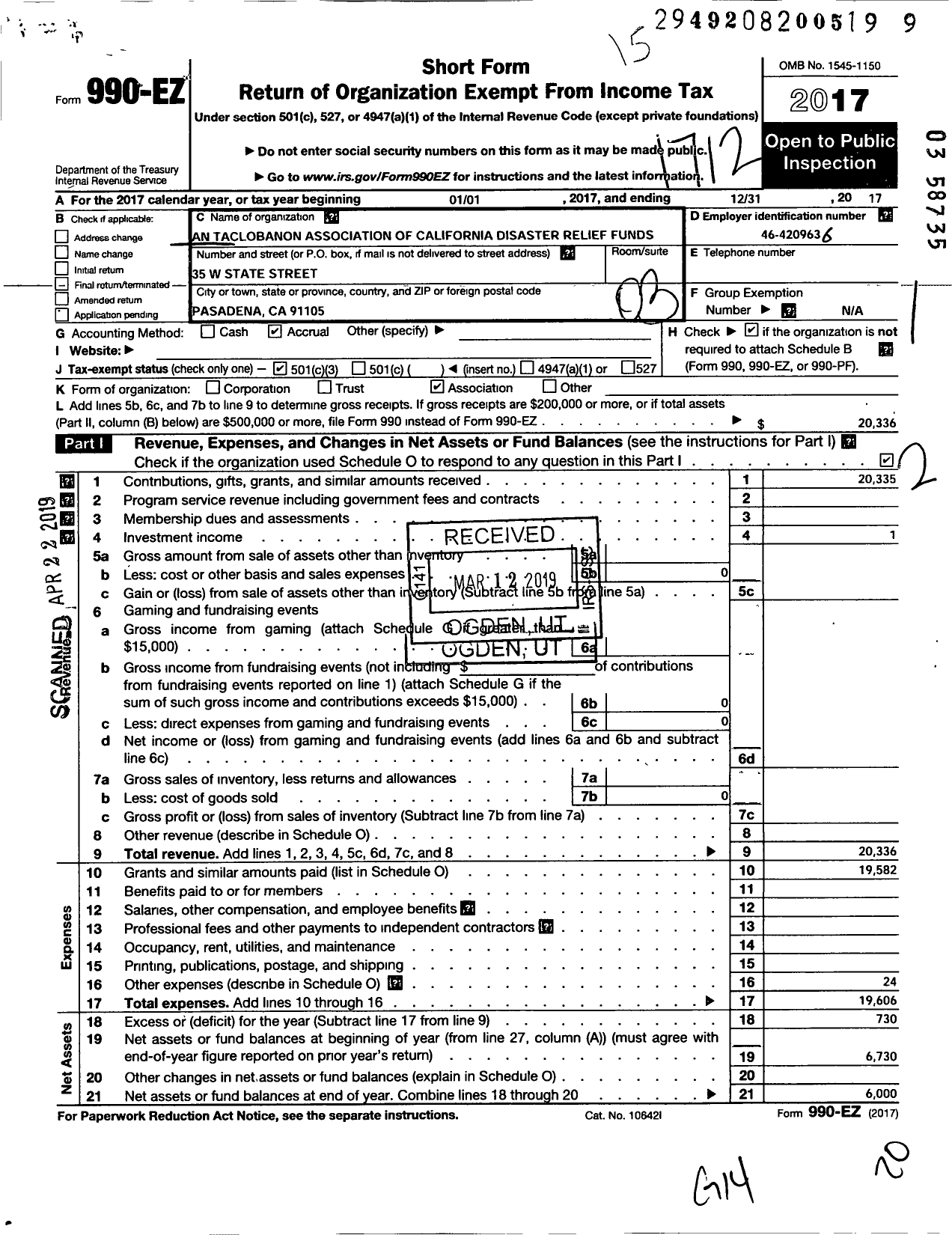 Image of first page of 2017 Form 990EZ for An Tacloban Association of California Disaster Relief Fund