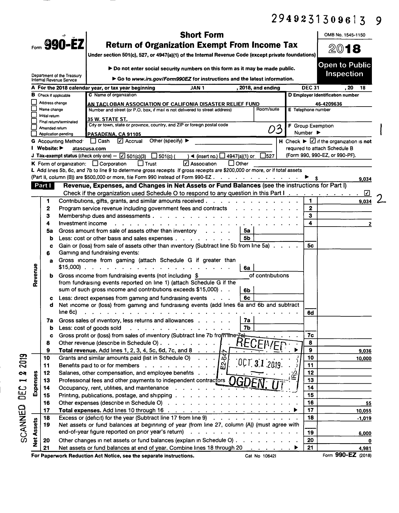 Image of first page of 2018 Form 990EZ for An Tacloban Association of California Disaster Relief Fund