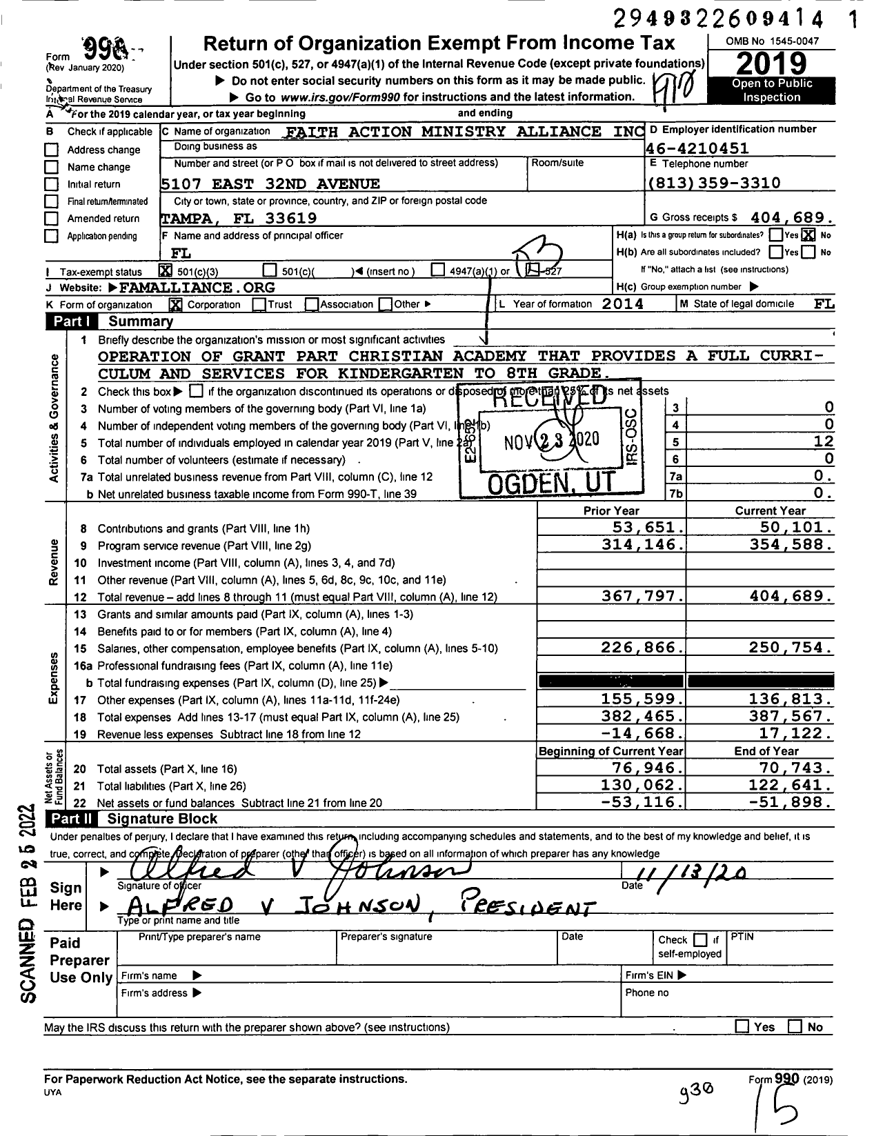 Image of first page of 2019 Form 990 for Faith Action Ministry Alliance (FAMA)