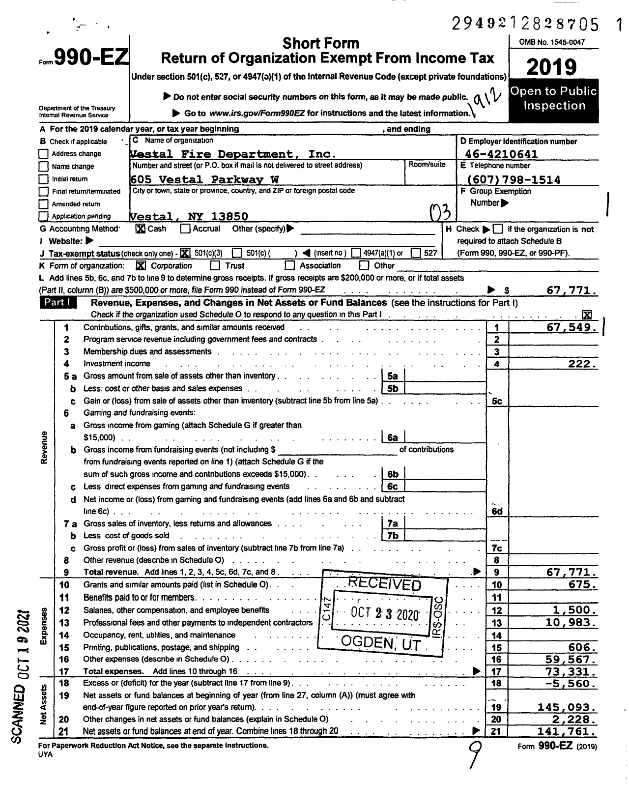 Image of first page of 2019 Form 990EZ for Vestal Fire Department