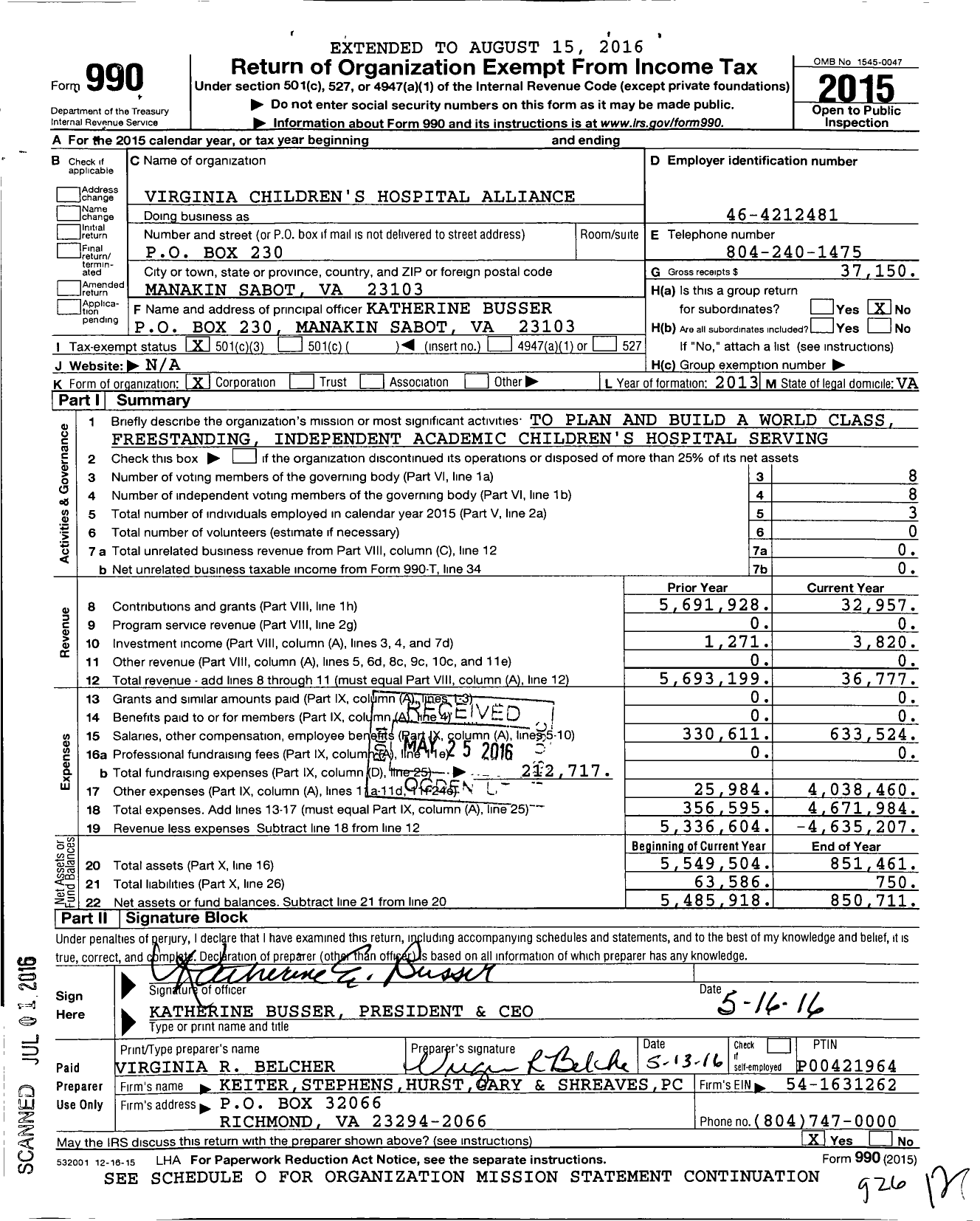 Image of first page of 2015 Form 990 for Virginia Children's Hospital Alliance