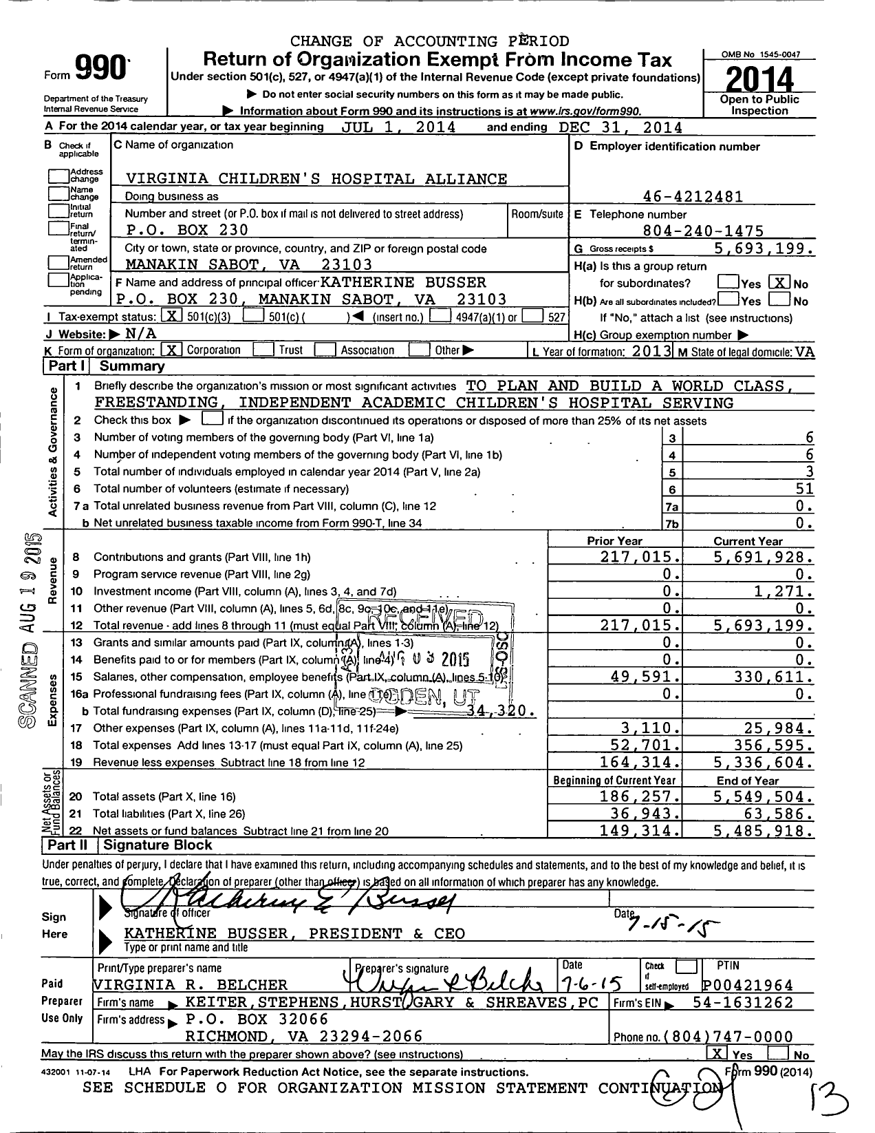 Image of first page of 2014 Form 990 for Virginia Children's Hospital Alliance