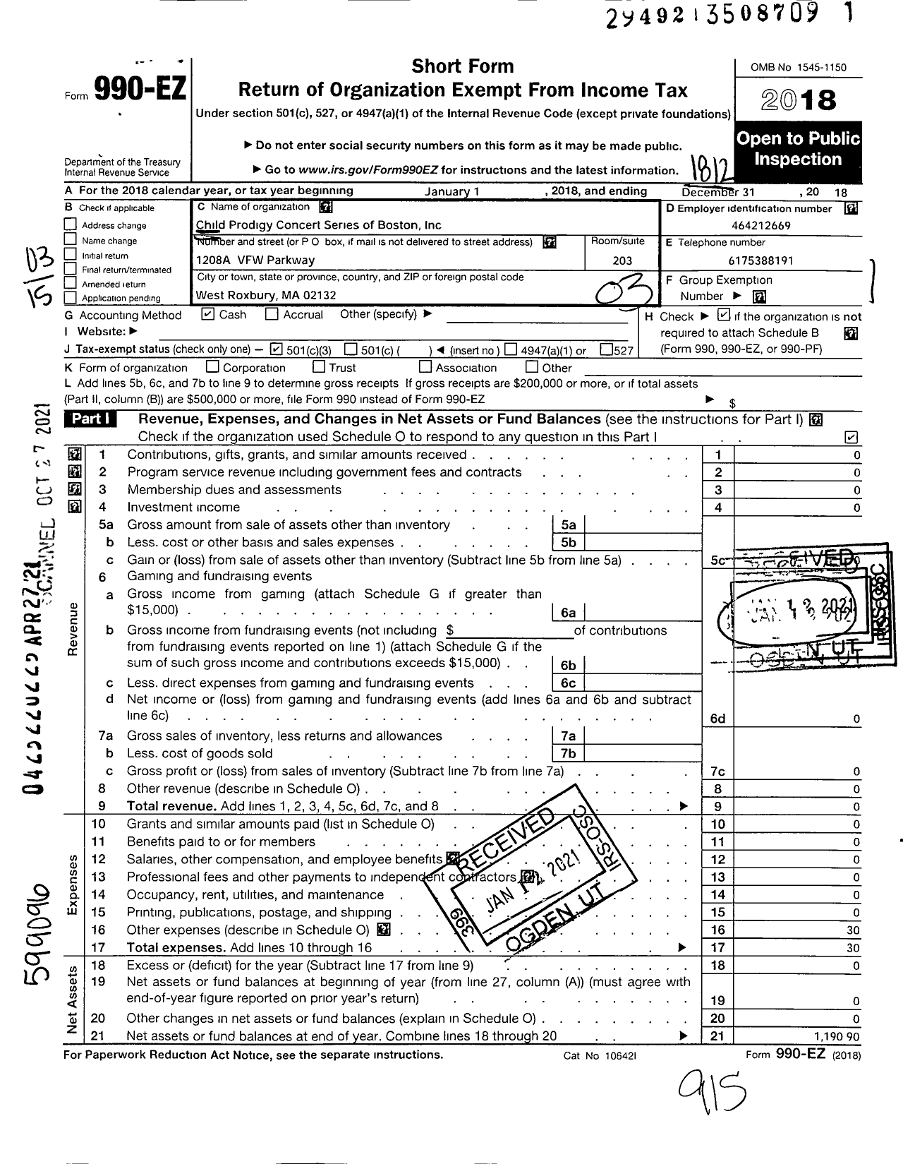 Image of first page of 2018 Form 990EZ for Child Prodigy Concert of Boston