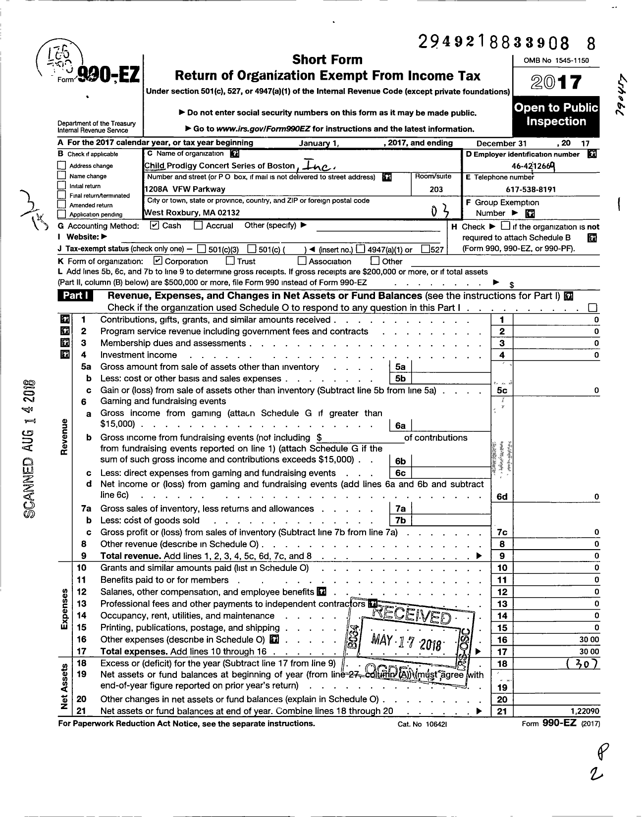 Image of first page of 2017 Form 990EZ for Child Prodigy Concert of Boston