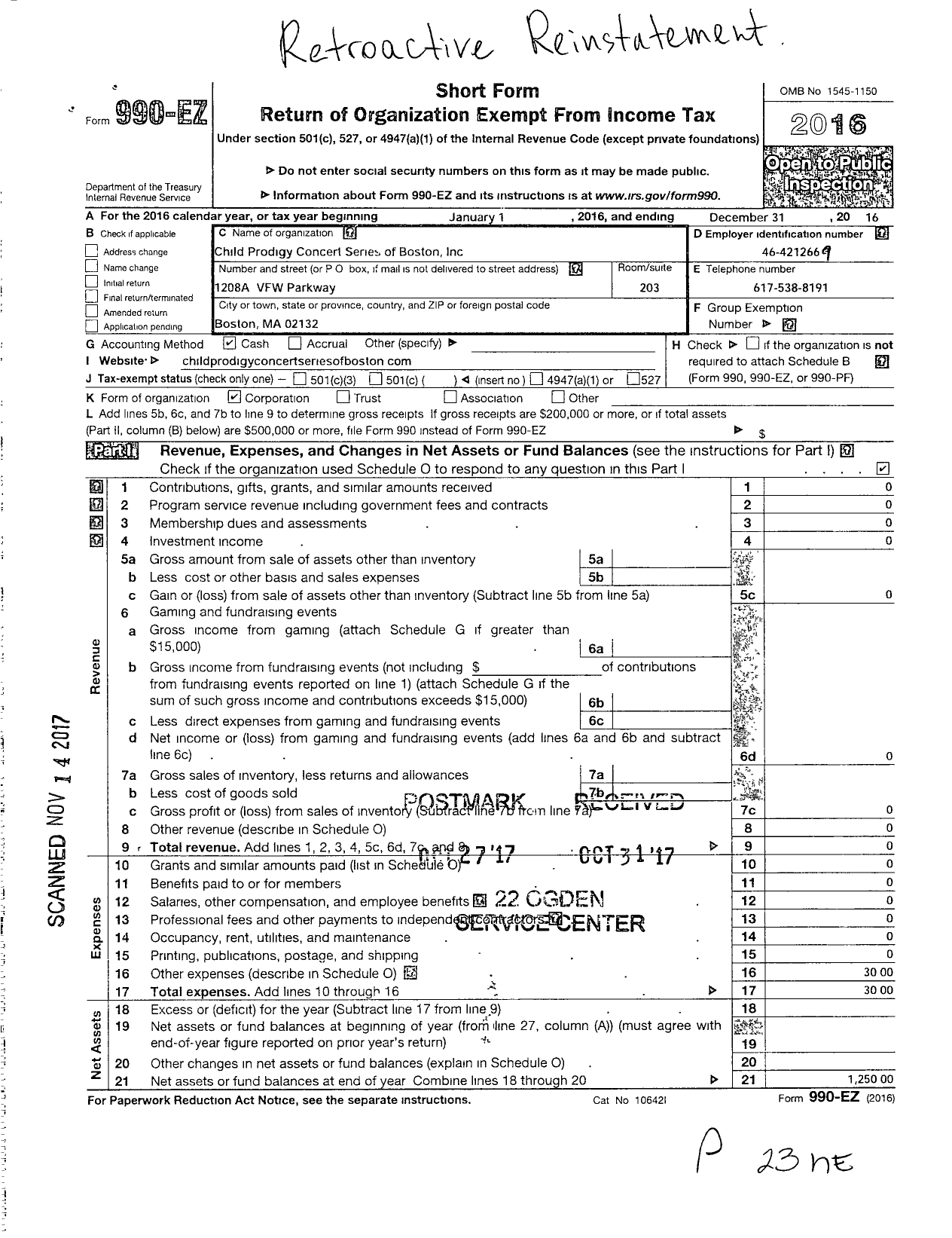 Image of first page of 2016 Form 990EO for Child Prodigy Concert of Boston