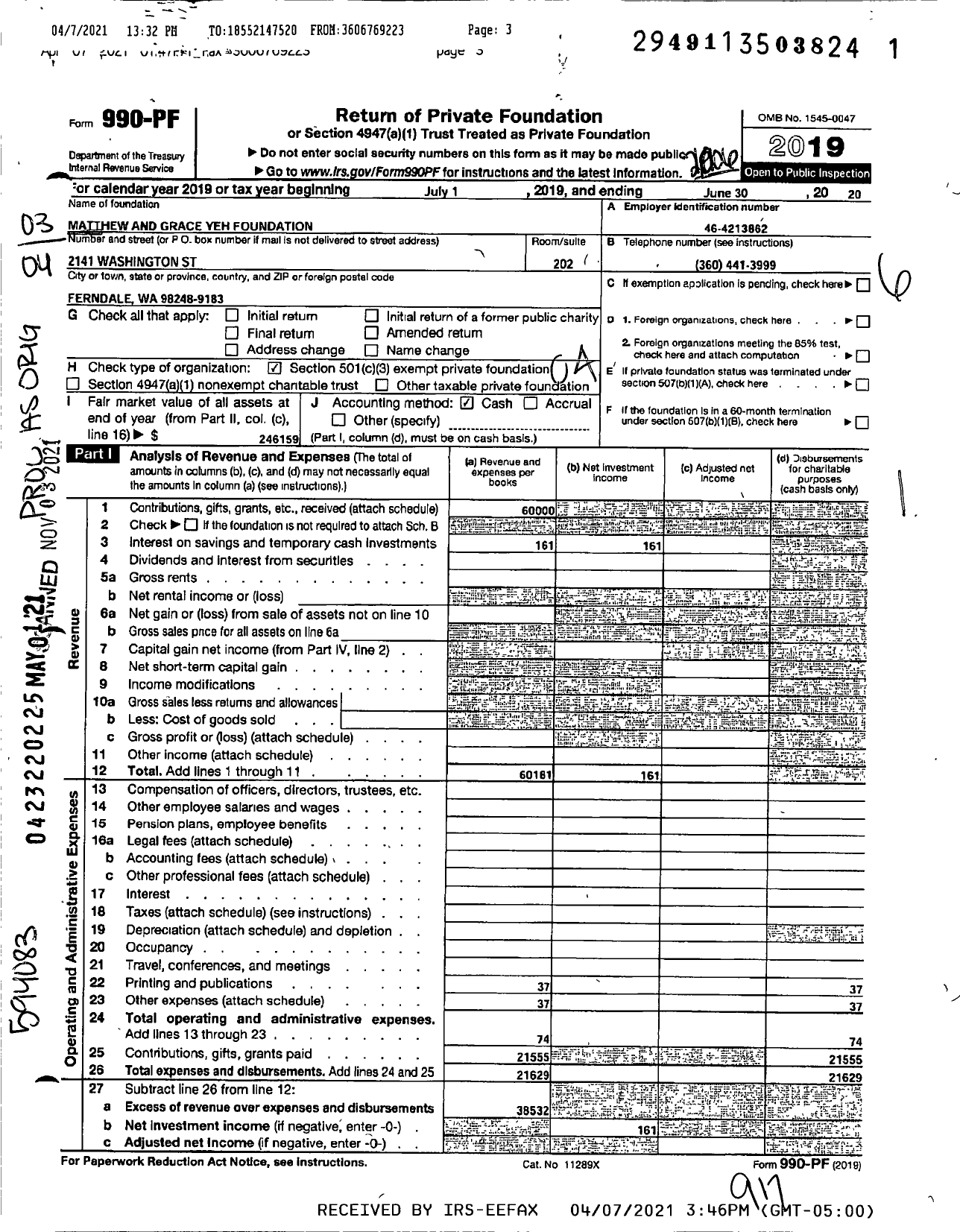 Image of first page of 2019 Form 990PF for Matthew and Grace Yeh Foundation