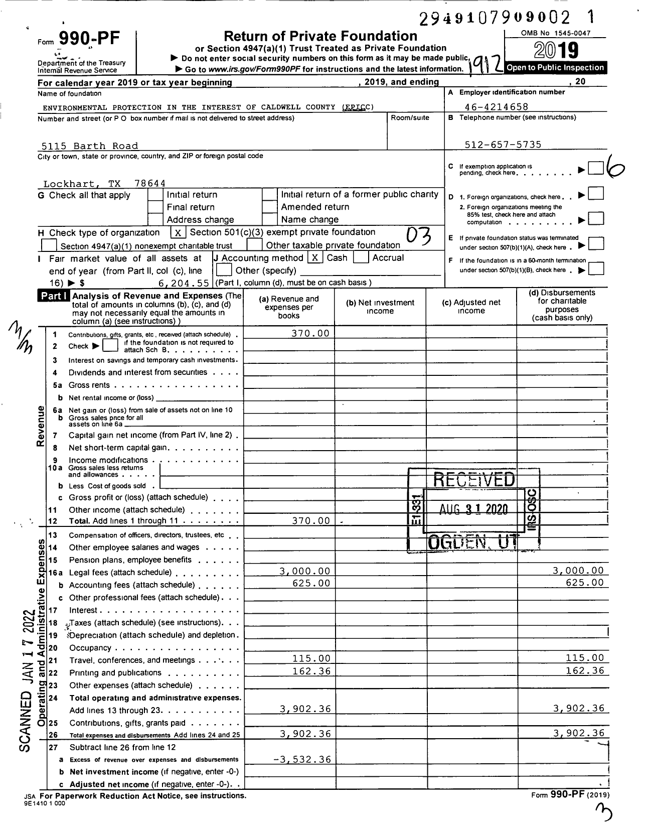 Image of first page of 2019 Form 990PF for Environmental Protection in the Interest of Caldwell County