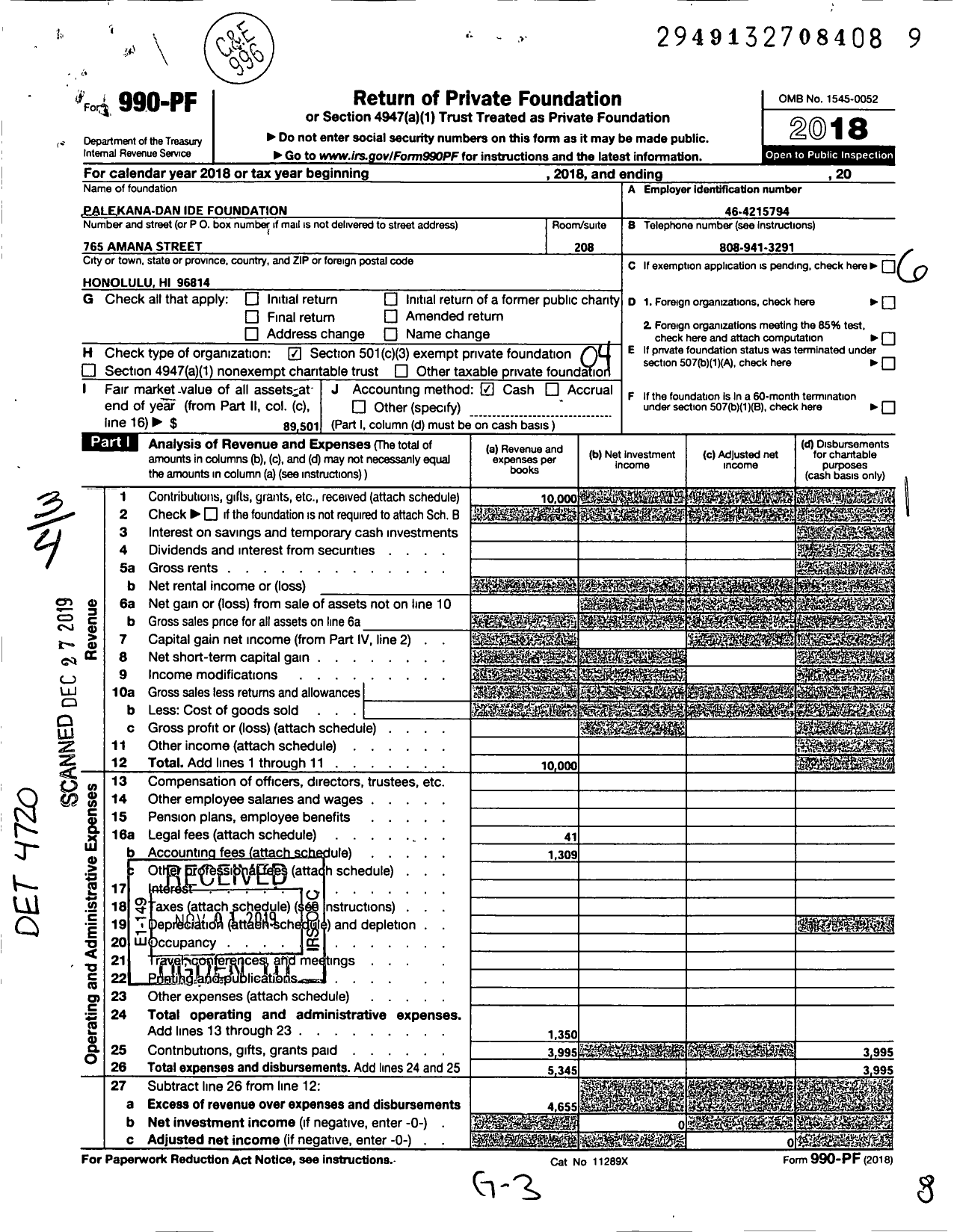 Image of first page of 2018 Form 990PF for Palekana-Dan Ide Foundation