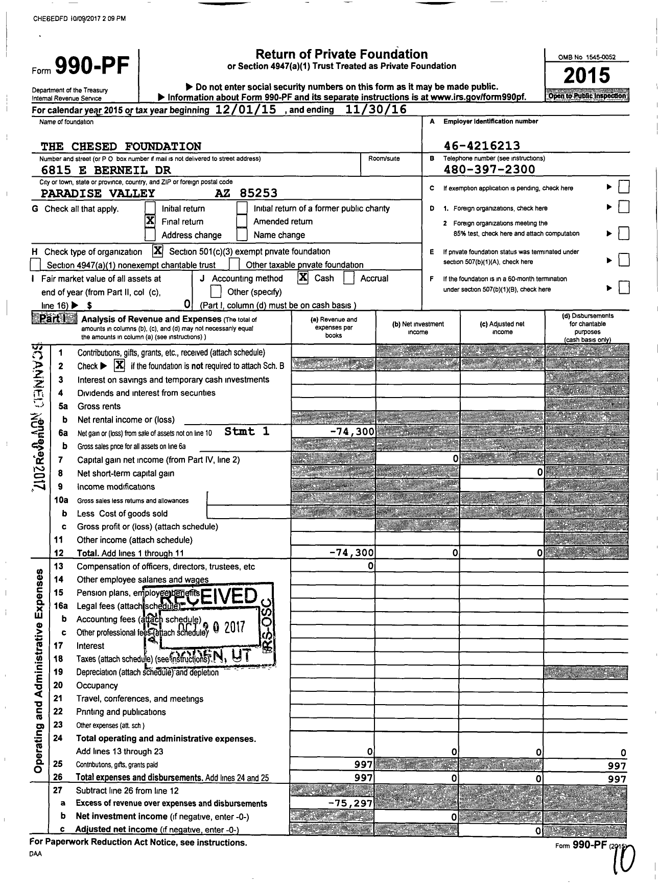 Image of first page of 2015 Form 990PF for Chesed Foundation