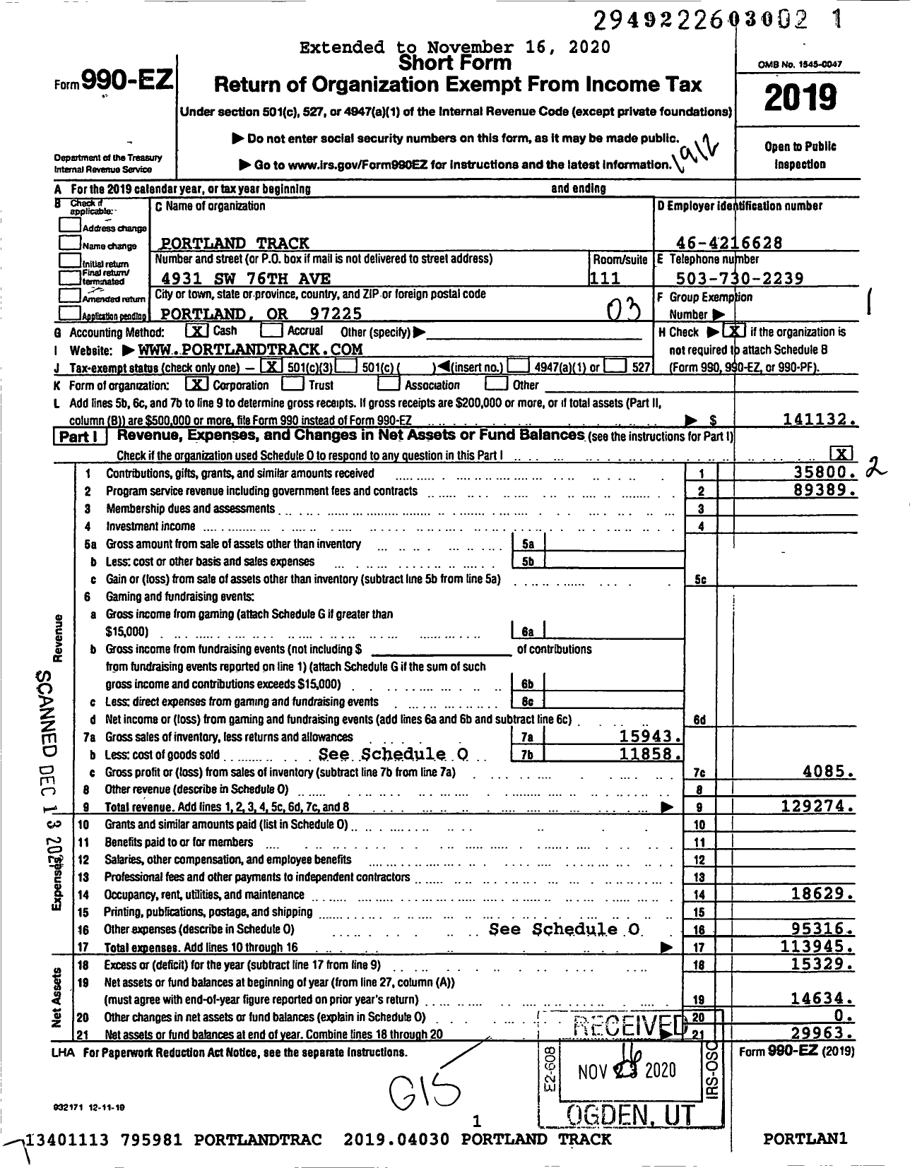 Image of first page of 2019 Form 990EZ for Portland Track