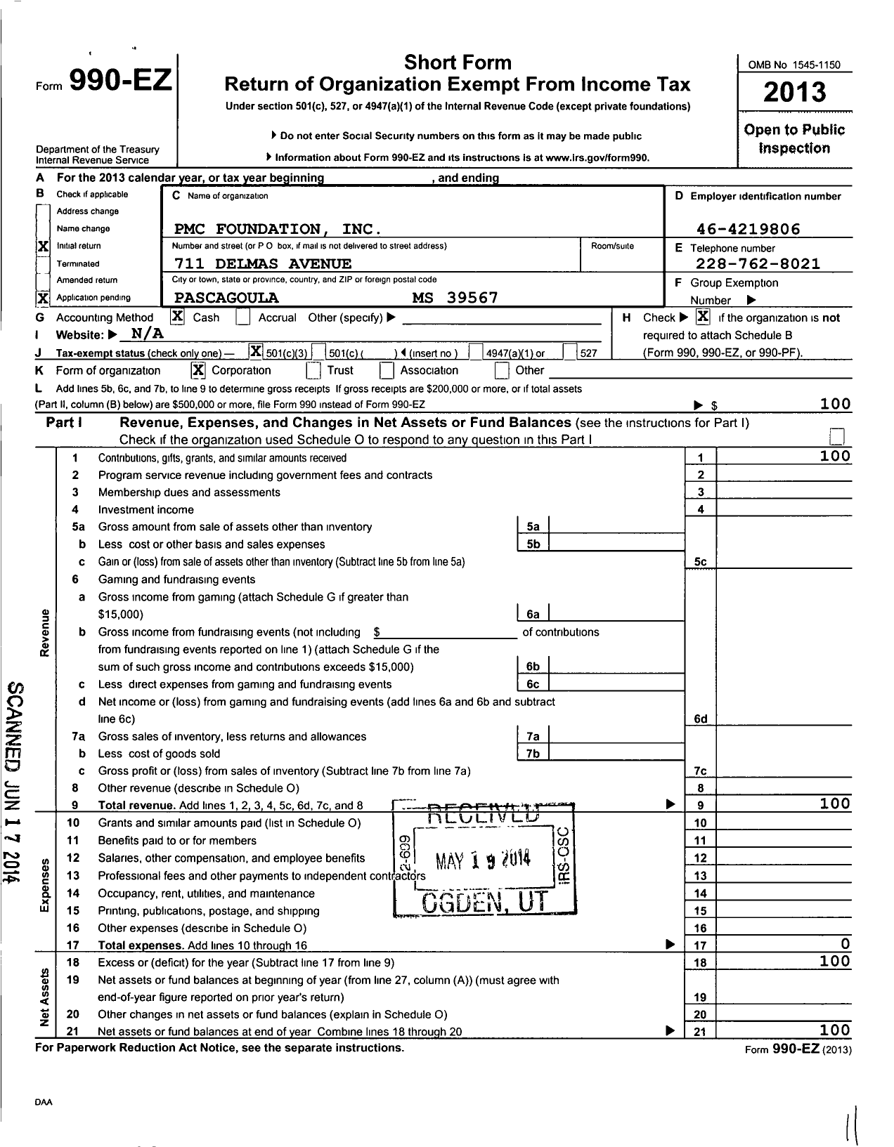 Image of first page of 2013 Form 990EZ for PMC Foundation