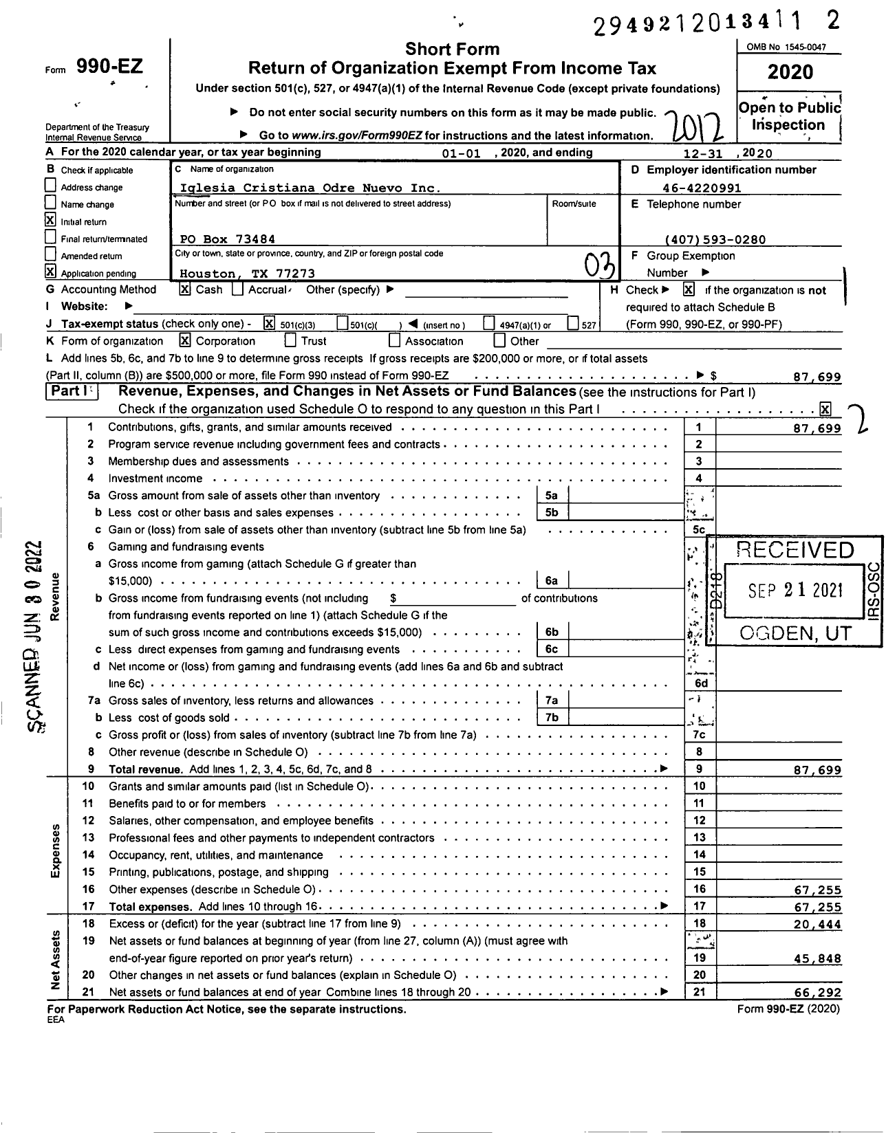 Image of first page of 2020 Form 990EZ for Iglesia Cristiana Odre Nuevo