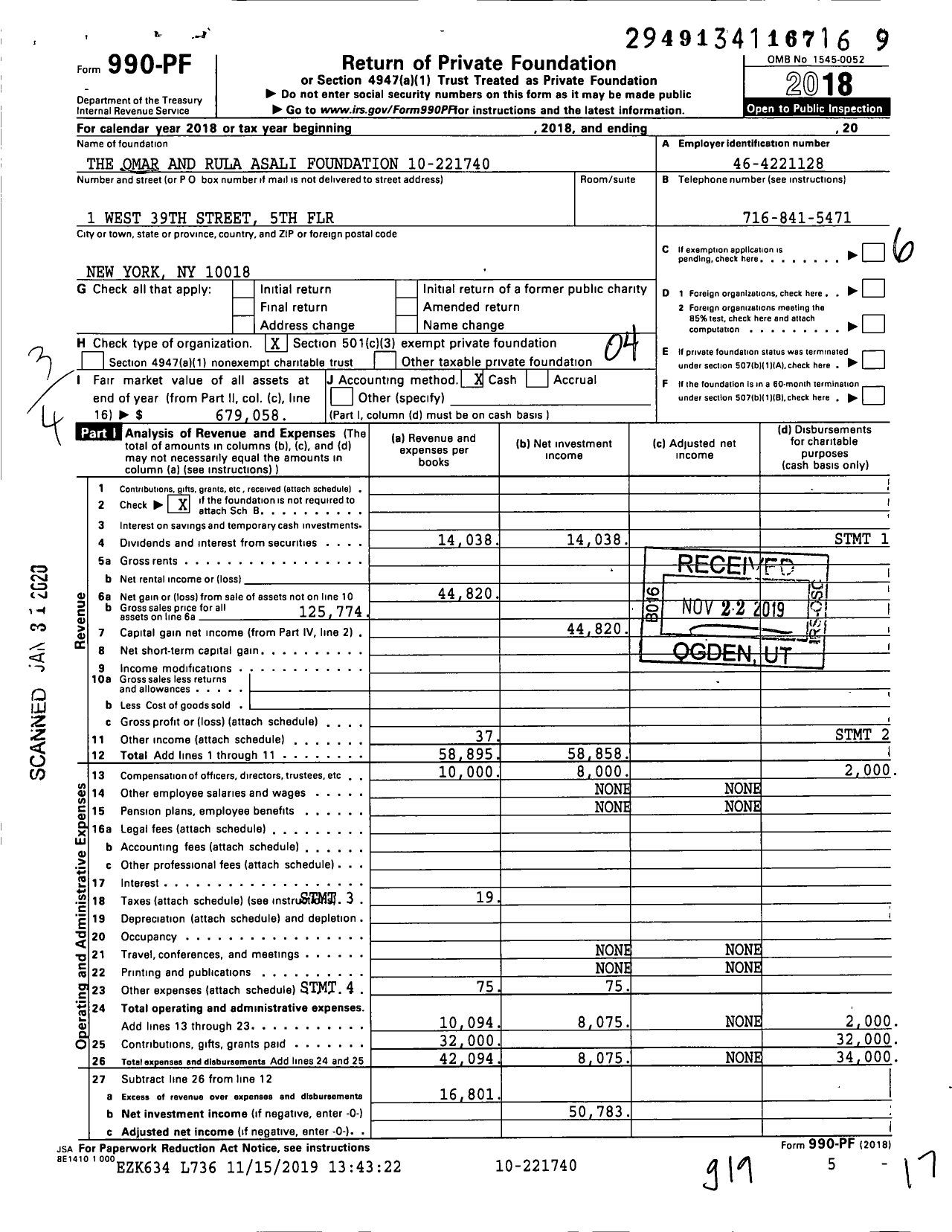 Image of first page of 2018 Form 990PF for The Omar and Rula Asali Foundation 10-221740