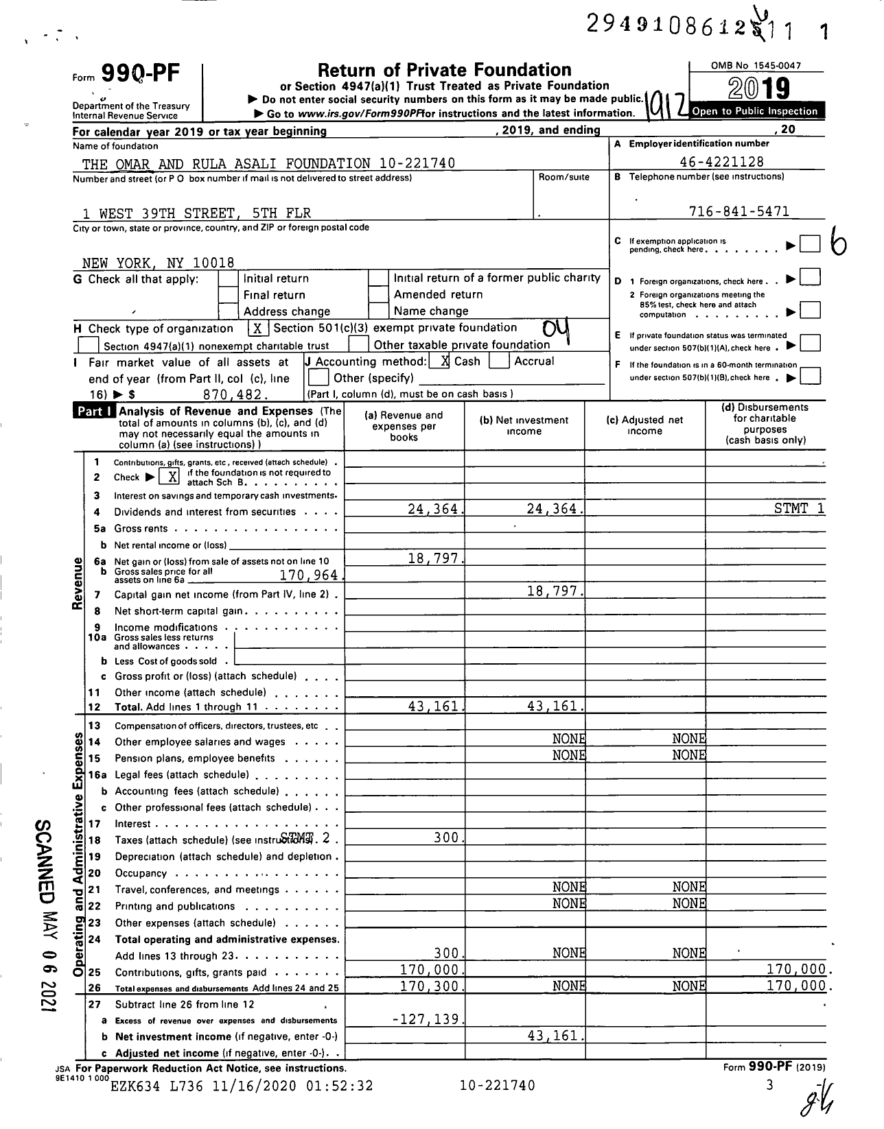 Image of first page of 2019 Form 990PF for The Omar and Rula Asali Foundation 10-221740