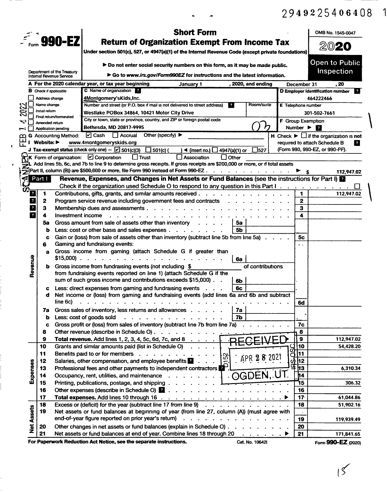 Image of first page of 2020 Form 990EZ for 4montgomerys Kids